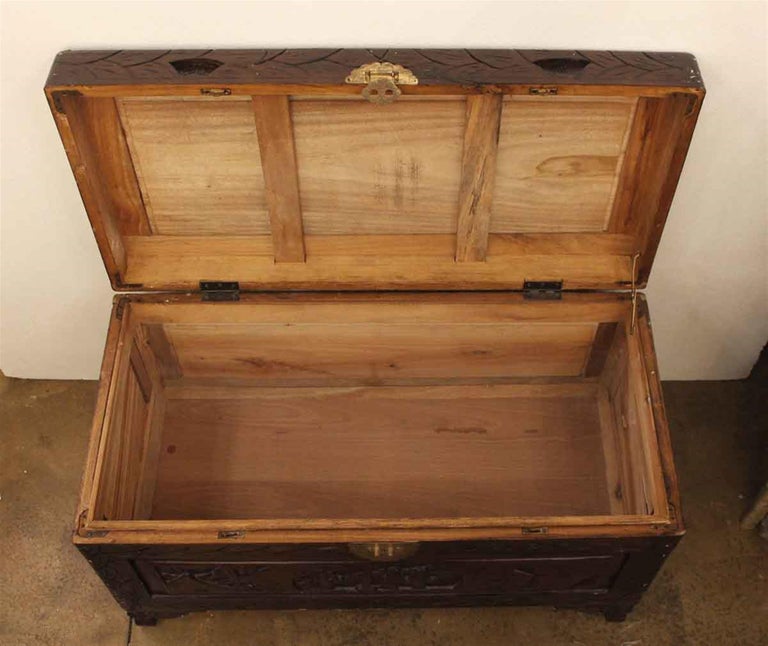 1980s Dark Wood Tone Highly Carved Figural Cedar Chest with Brass