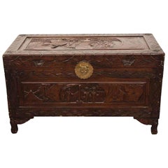 1980s Dark Wood Tone Highly Carved Figural Cedar Chest with Brass Details