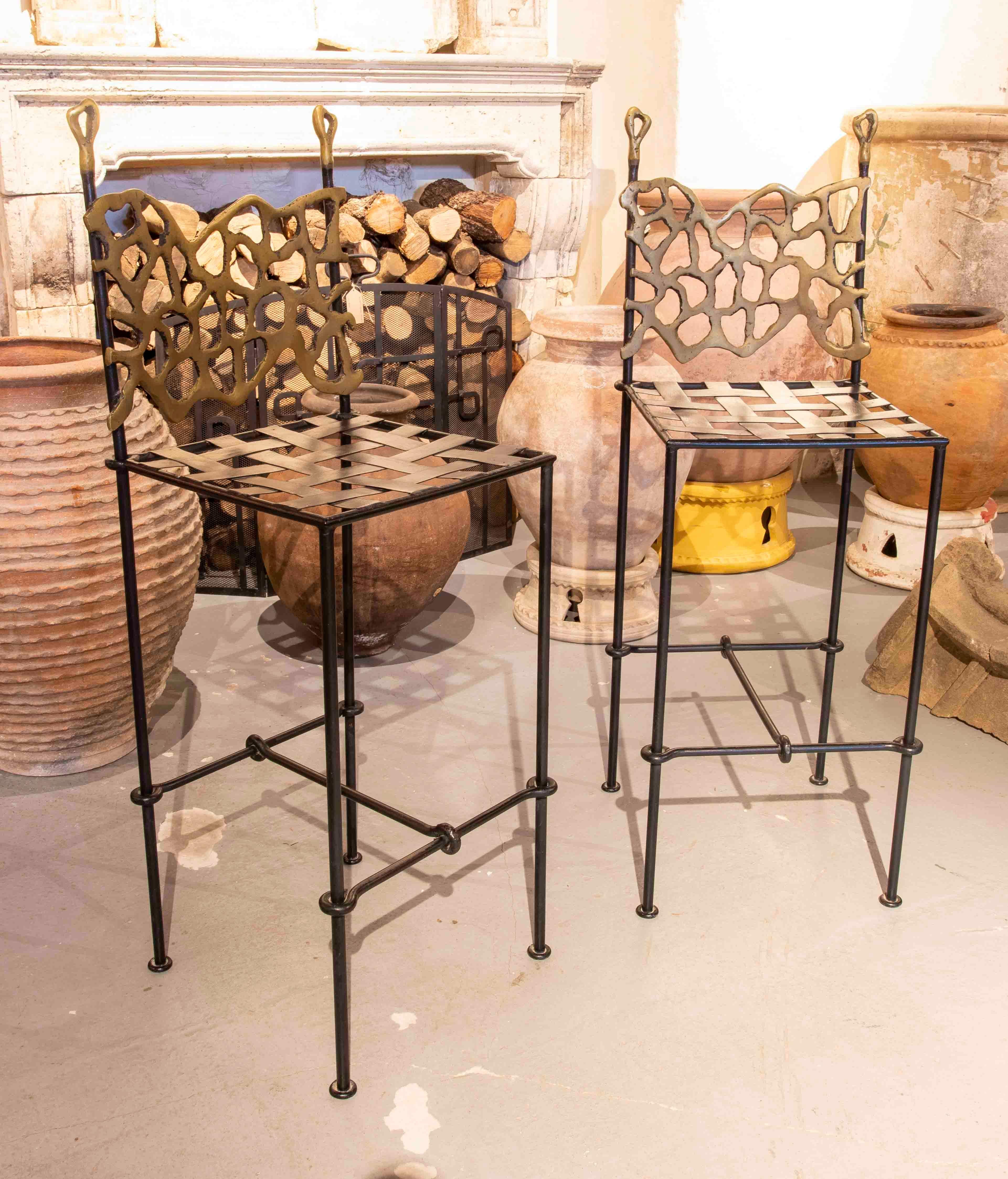 Spanish 1980s David Marshall Pair of Iron and Bronze Bar Chairs  For Sale