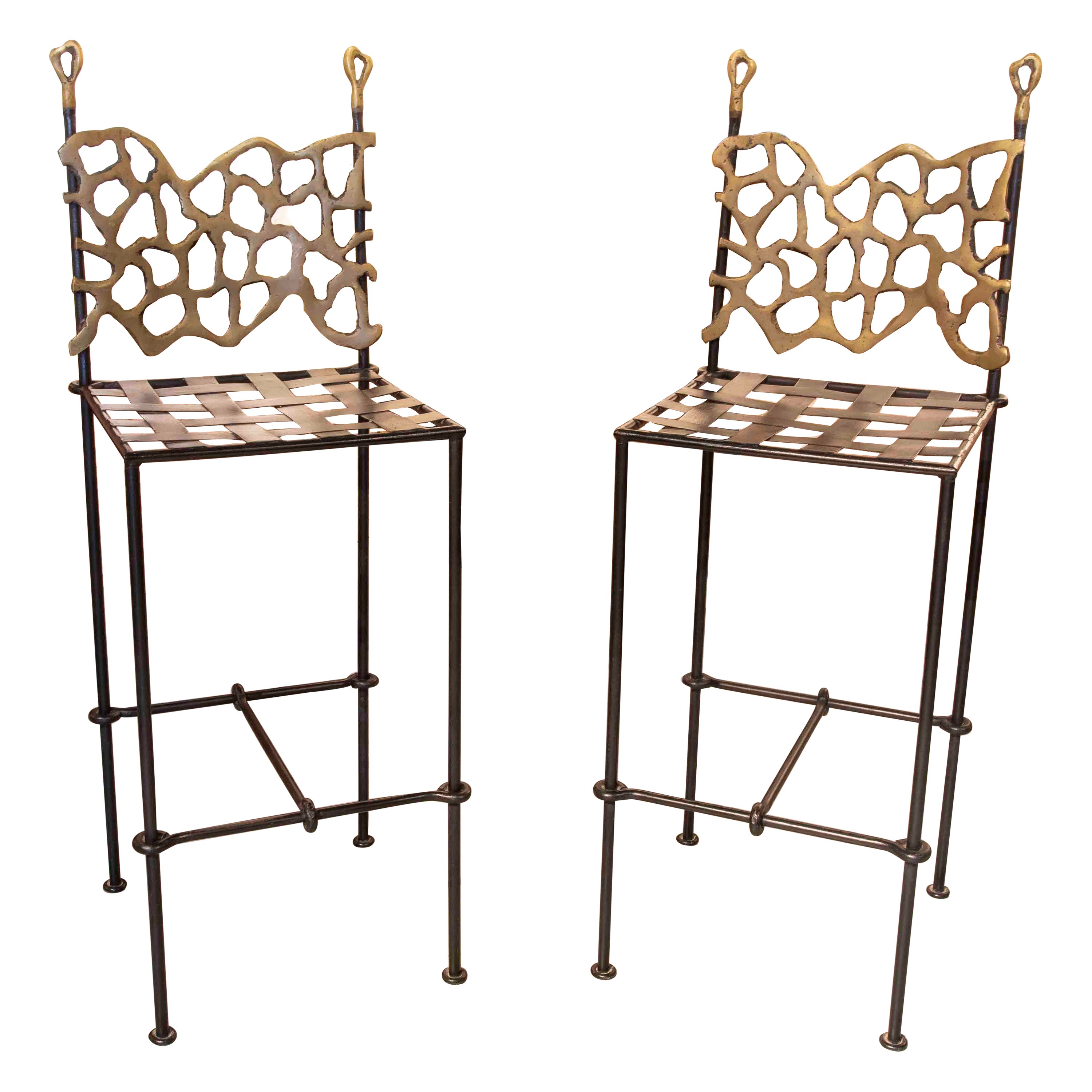 Paire de chaises de bar en fer et bronze David Marshall des années 1980