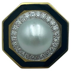 1980s David Webb 18 carat gold, enamel, pearl and diamond cocktail ring