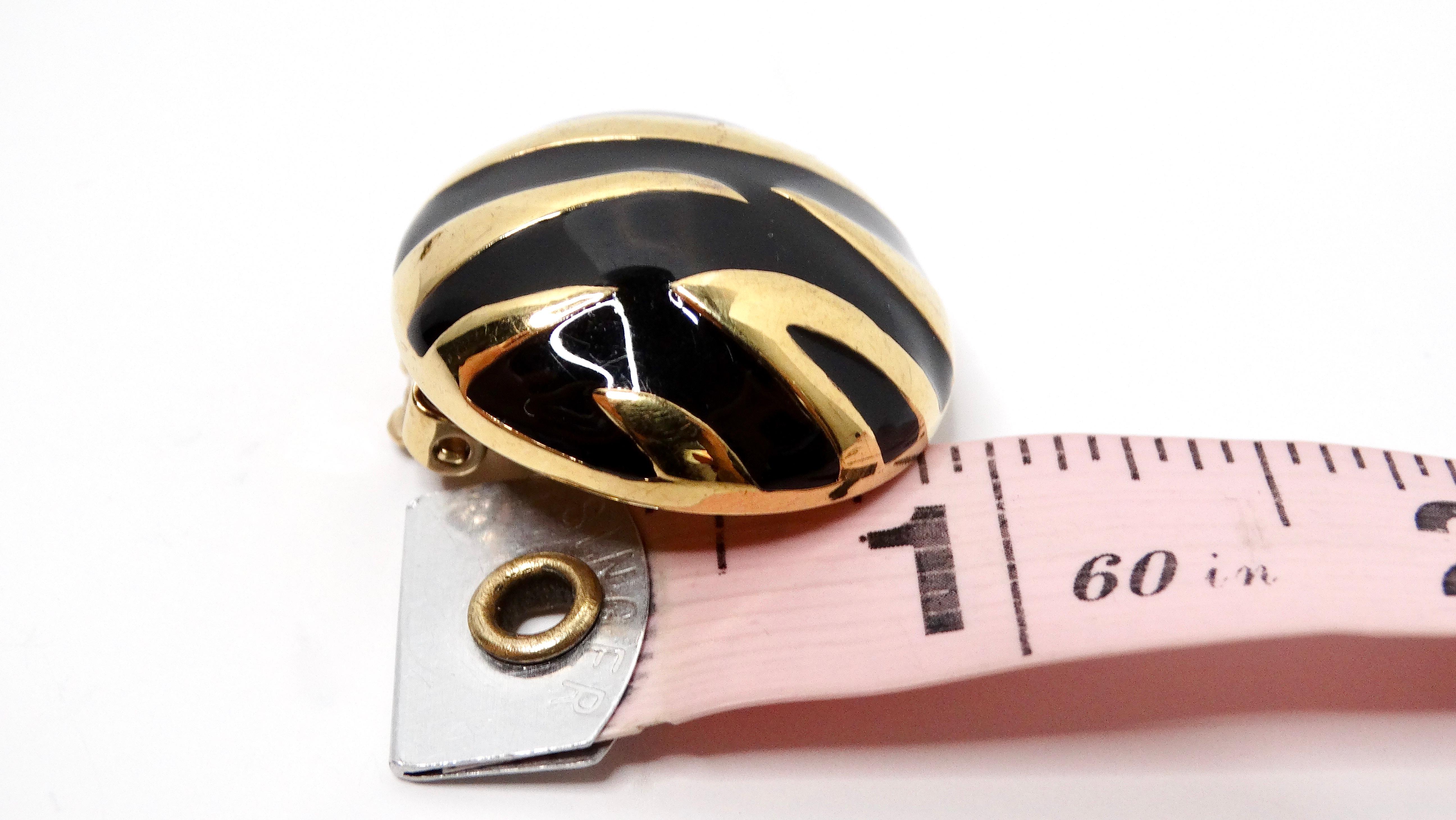 Women's 1980s David Webb Inspired Black Enamel & 18k Gold Plated Striped Earrings For Sale
