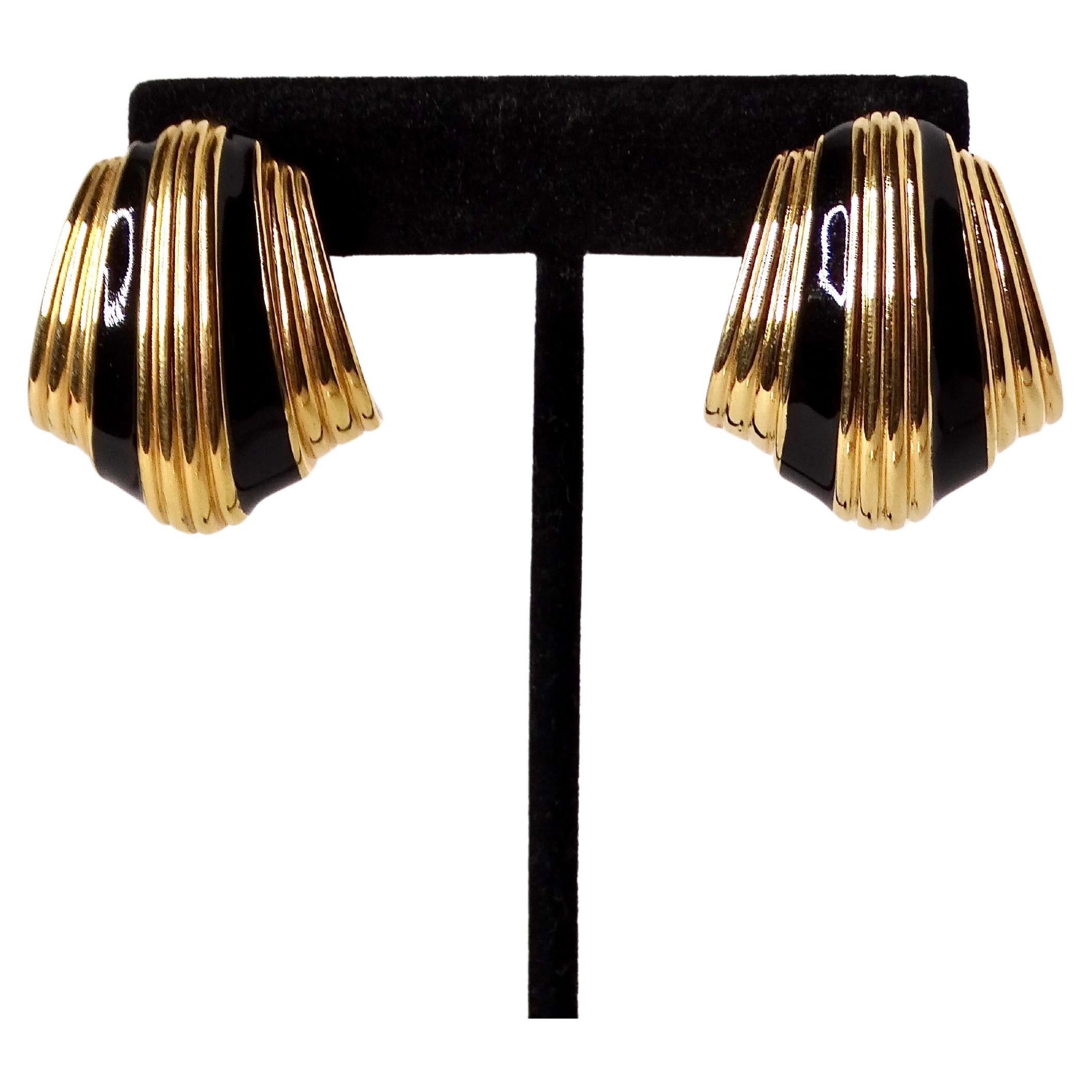 Women's 1980s David Webb Inspired Black Enamel 18k Gold Plated Striped Earrings For Sale