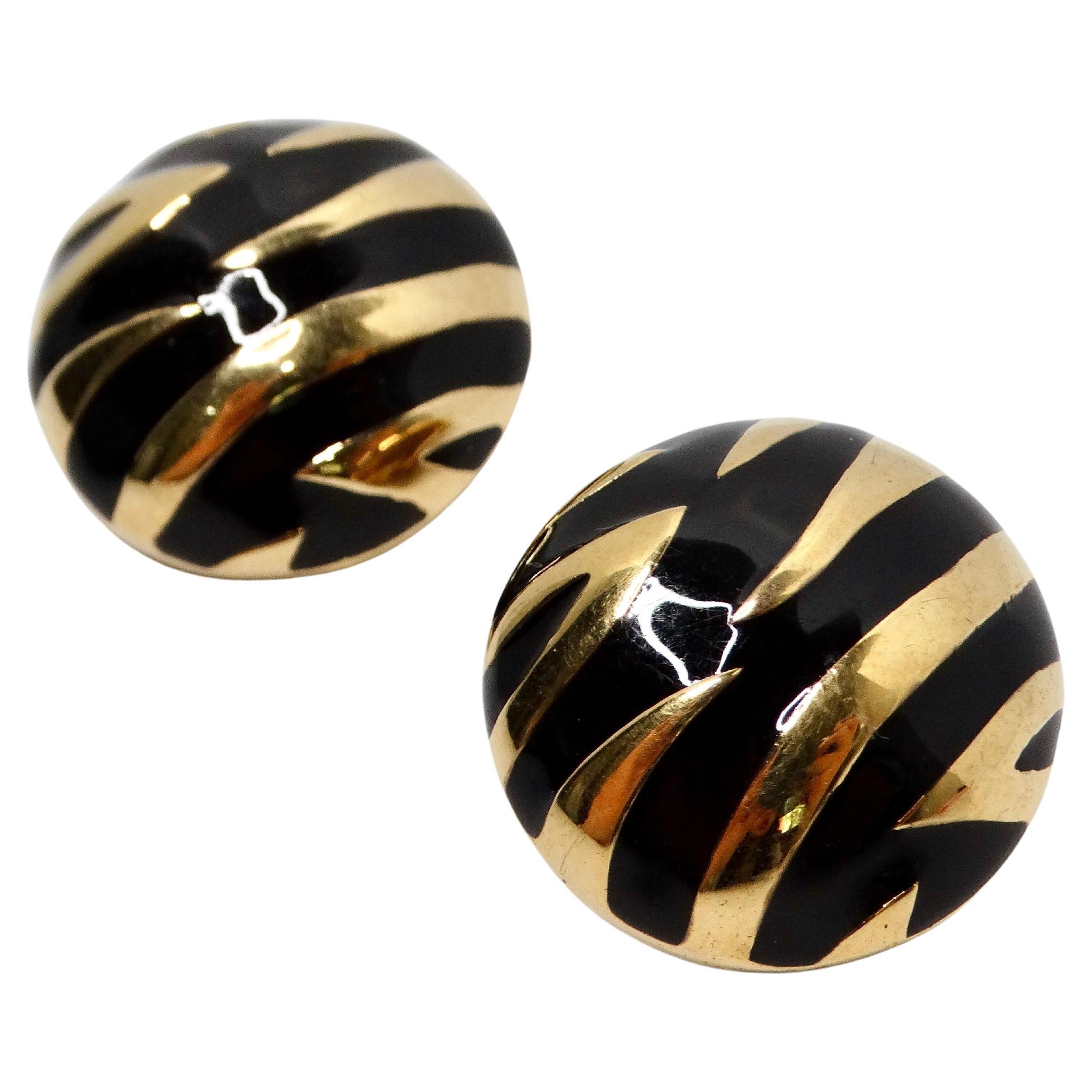 1980s David Webb Inspired Black Enamel & 18k Gold Plated Striped Earrings For Sale