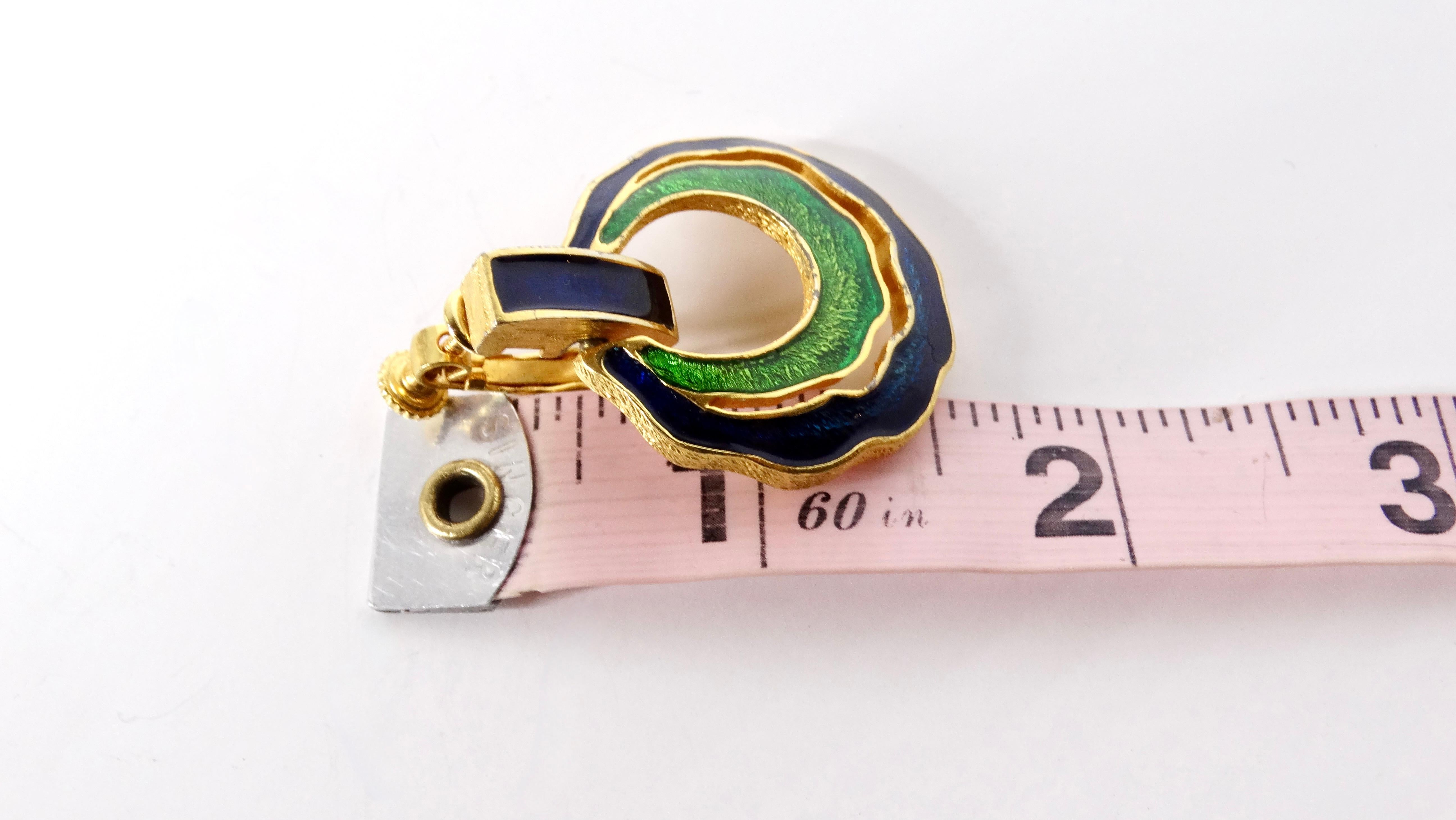 Orecchini degli anni '80 di David Webb con smalto blu e verde placcato oro 18k In condizioni buone in vendita a Scottsdale, AZ