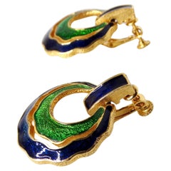 1980s David Webb Inspired Blue & Green Enamel 18k Gold Plated Earrings