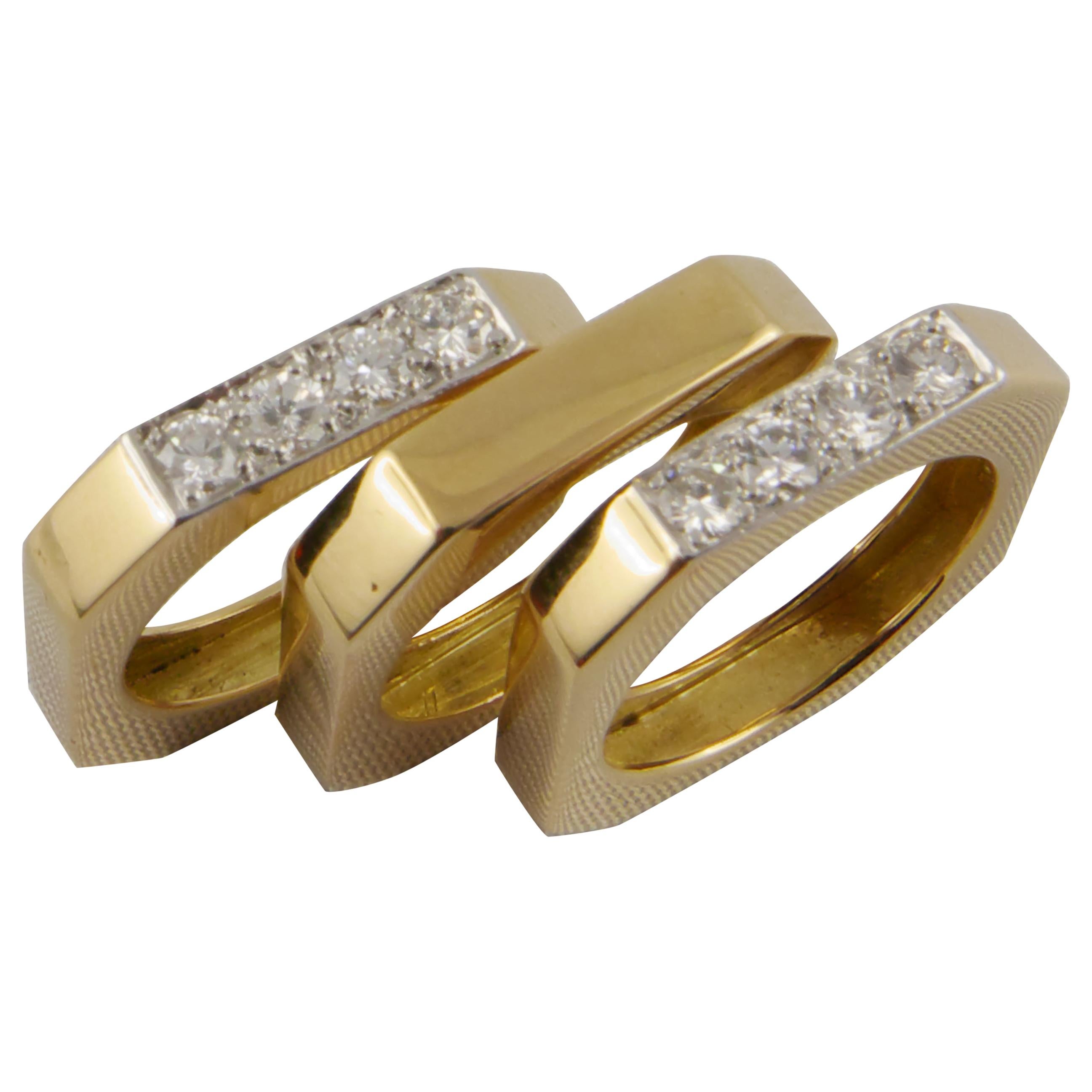 1980s David Webb Set of Three Stackable Diamond Yellow Gold Platinum 1980s David Webb Set of Three Stackable Diamond Yellow Gold Platinum