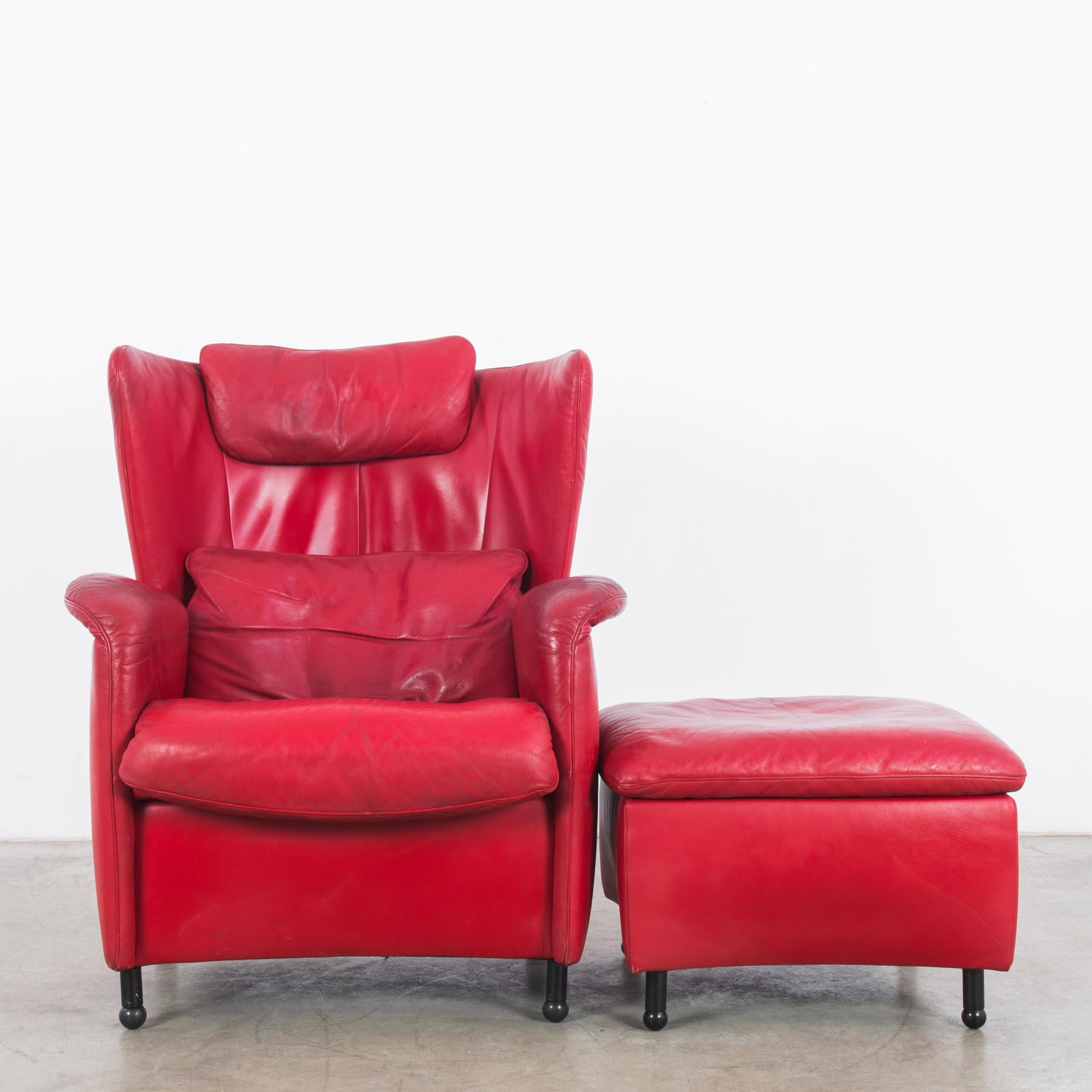 1980s De Sede Crimson Leather Armchair with Ottoman 8