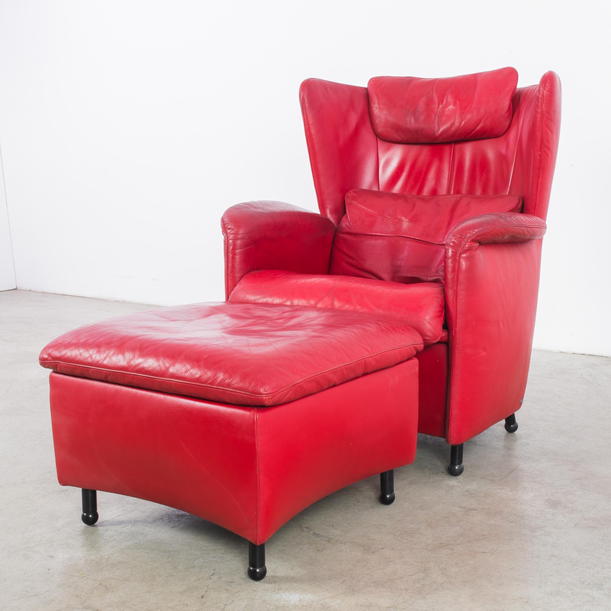 1980s De Sede Crimson Leather Armchair with Ottoman 9