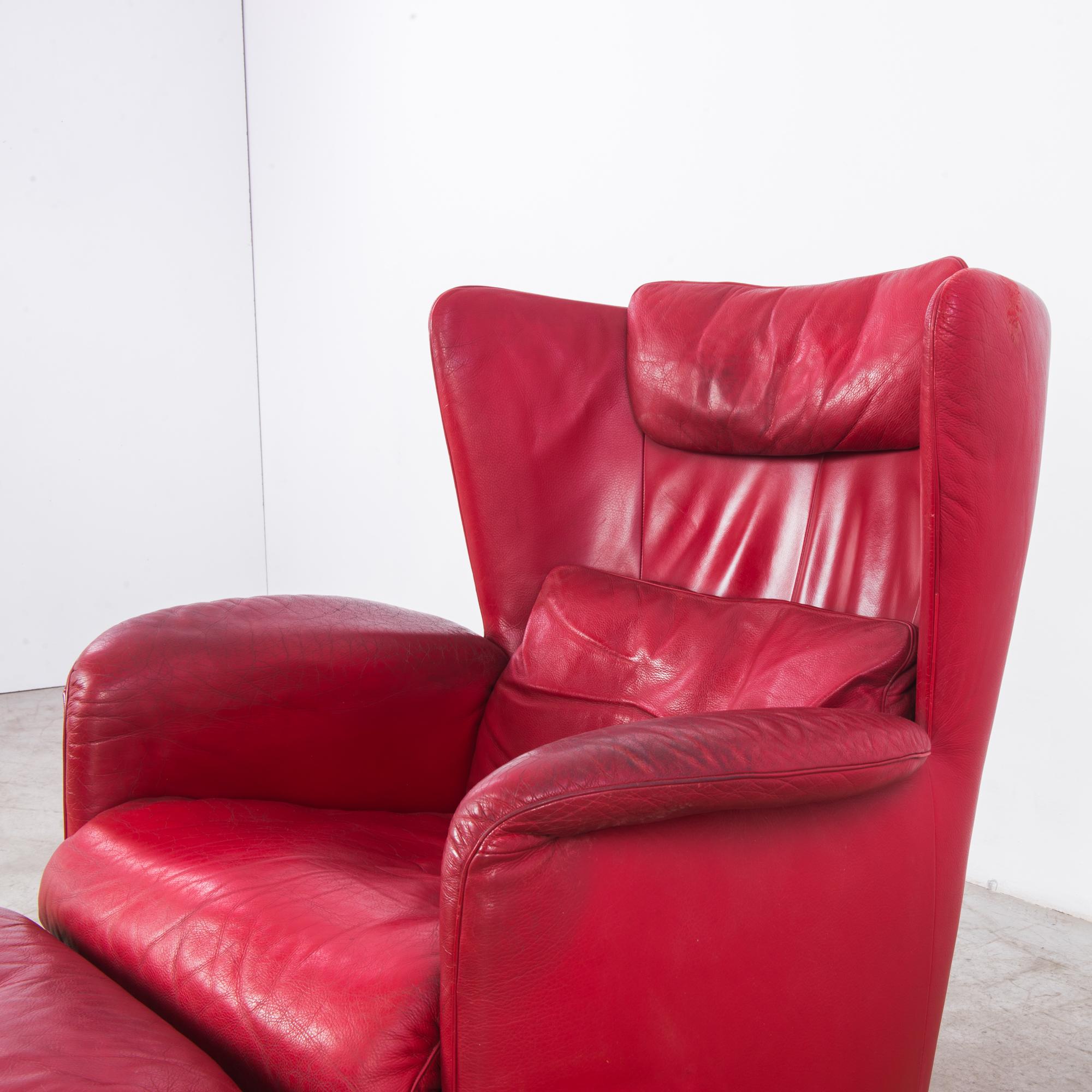 1980s De Sede Crimson Leather Armchair with Ottoman 11