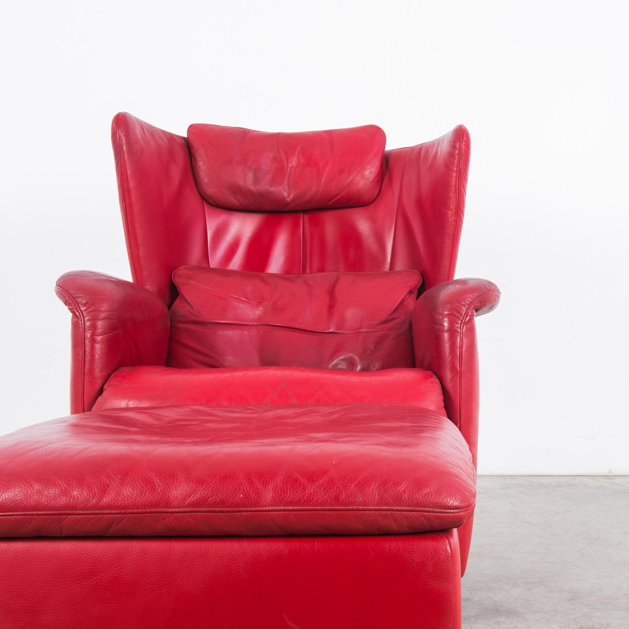 Swiss 1980s De Sede Crimson Leather Armchair with Ottoman