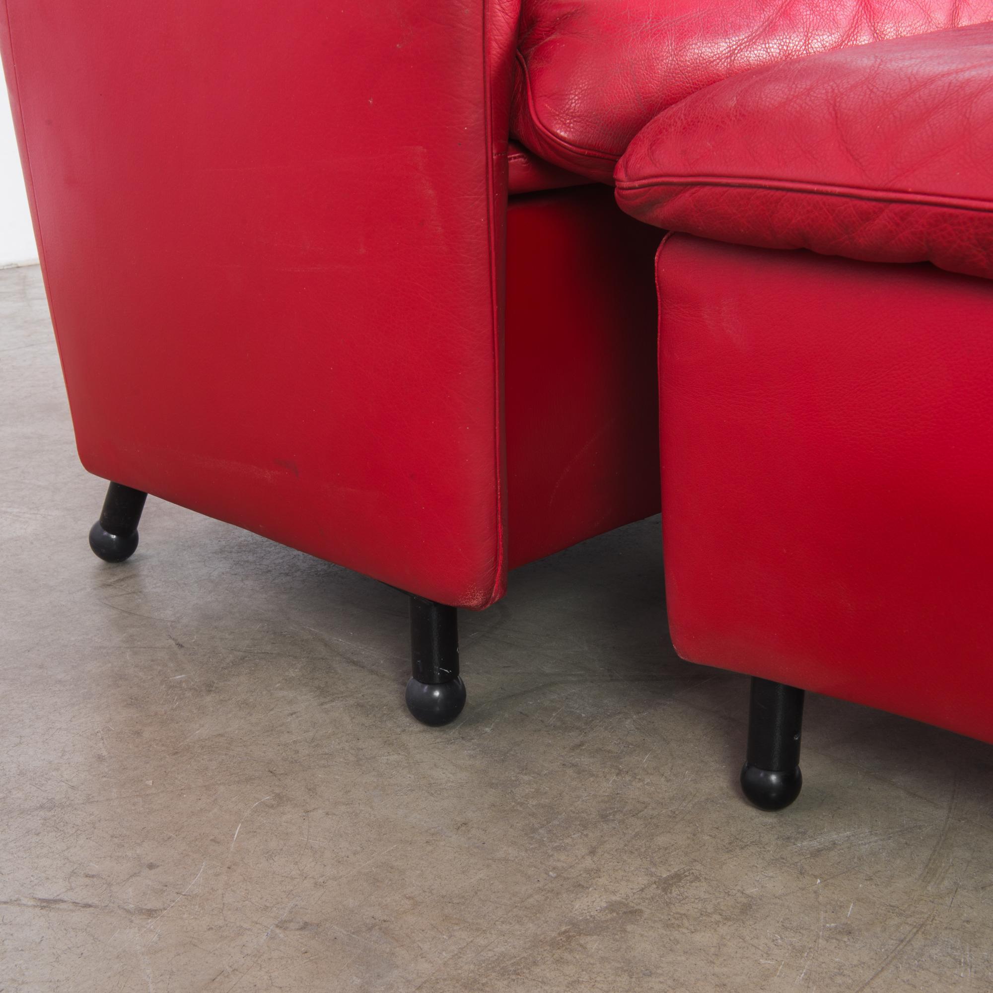 1980s De Sede Crimson Leather Armchair with Ottoman 1