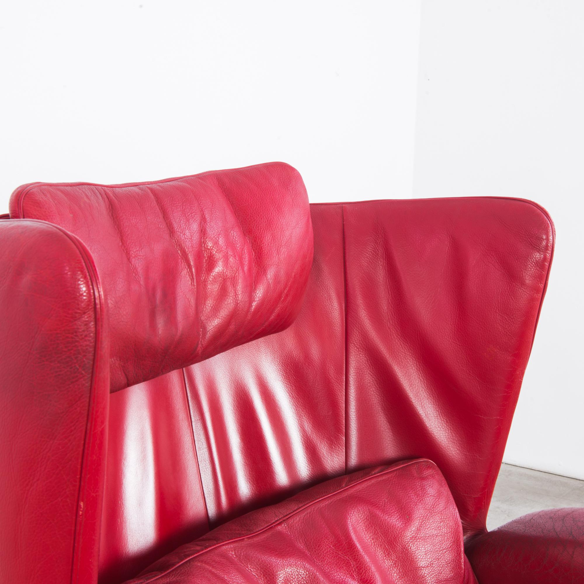 1980s De Sede Crimson Leather Armchair with Ottoman 2