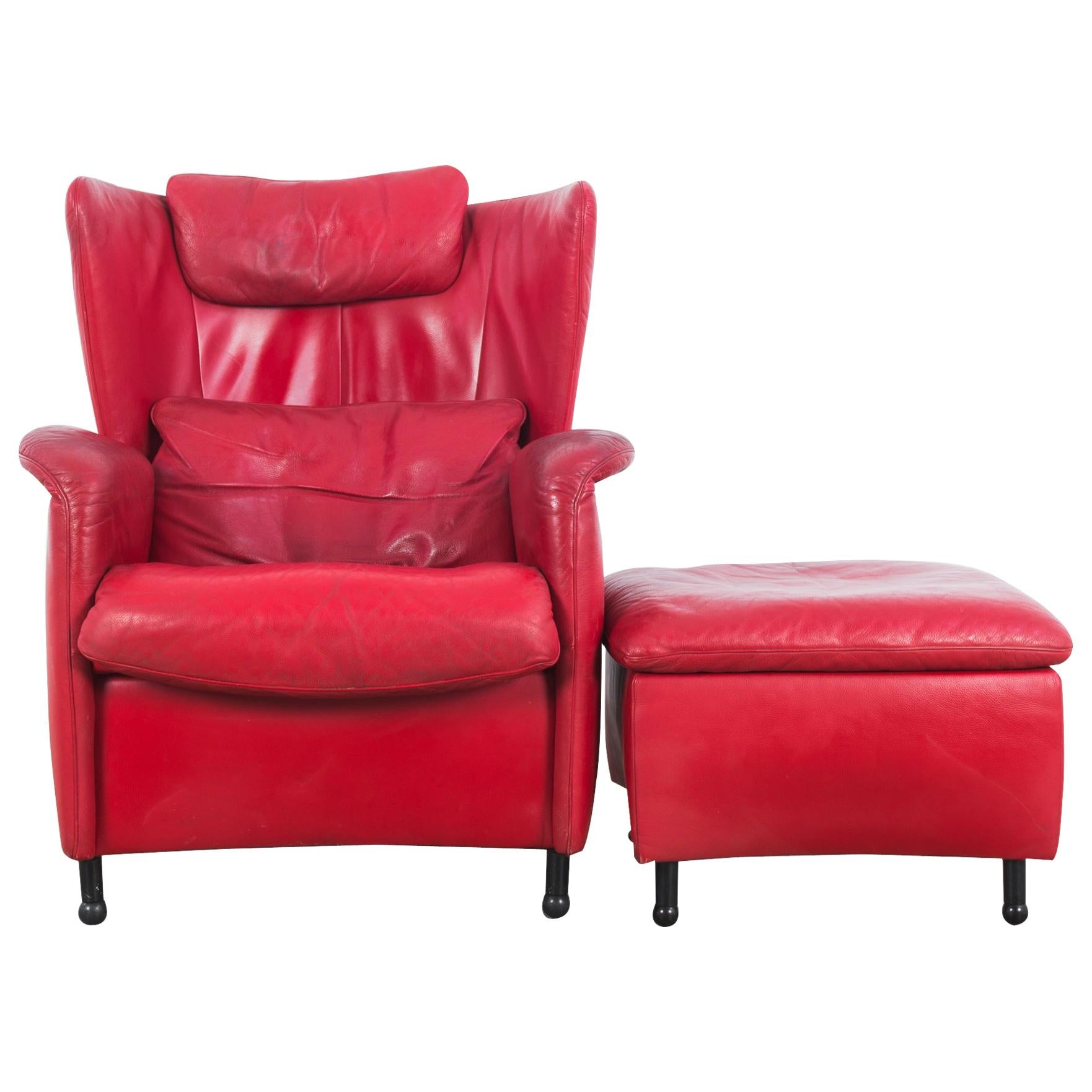 1980s De Sede Crimson Leather Armchair with Ottoman