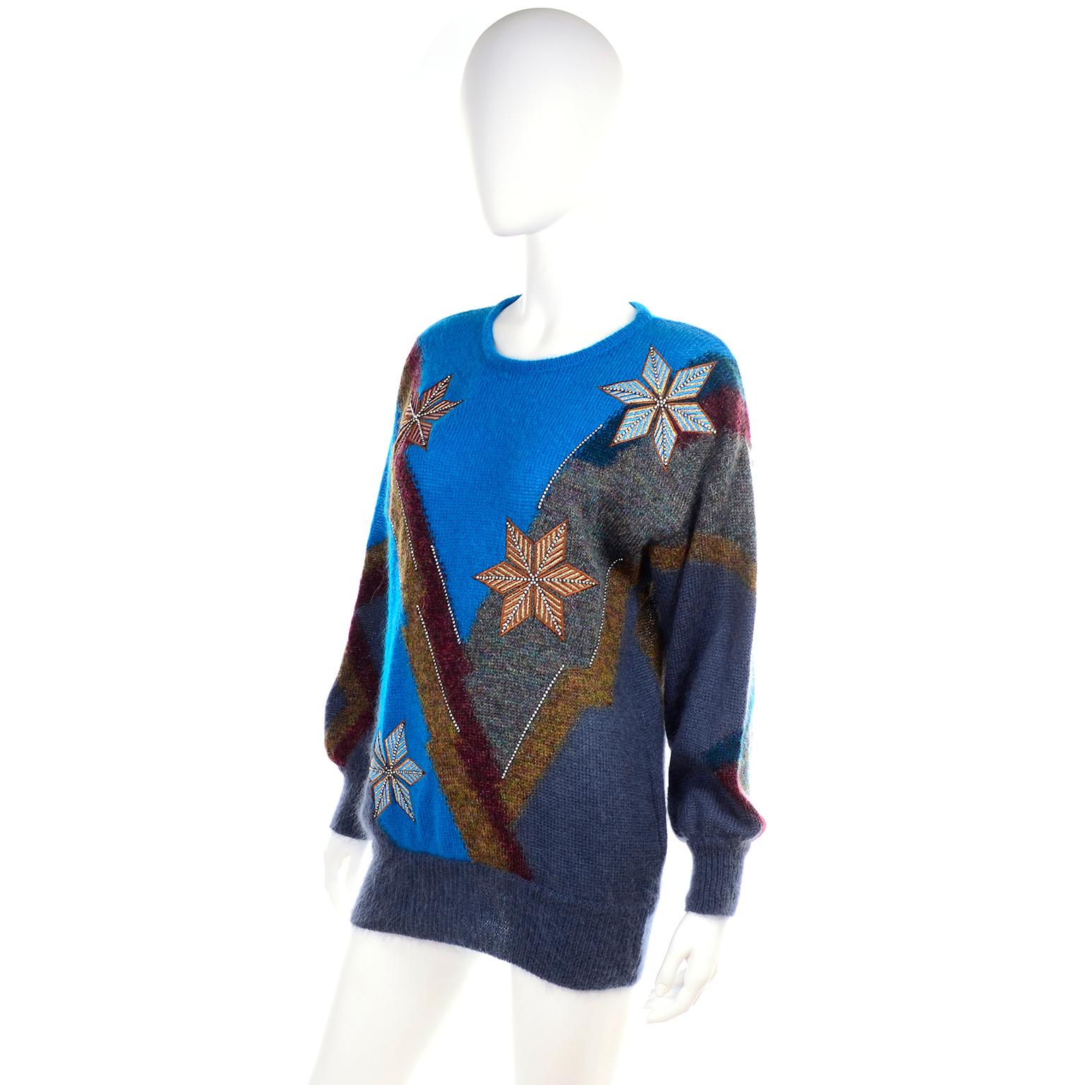 Women's 1980s Deadstock Escada Margaretha Ley Star Snowflake Mohair Wool Sweater w Tag For Sale
