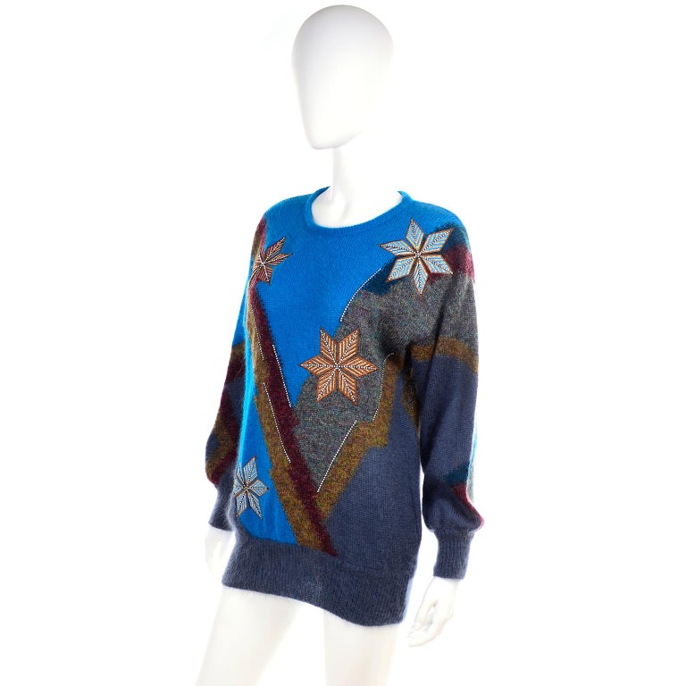 1980s Deadstock Escada Margaretha Ley Star Snowflake Mohair Wool Sweater w Tag For Sale 3