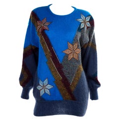 Used 1980s Deadstock Escada Margaretha Ley Star Snowflake Mohair Wool Sweater w Tag