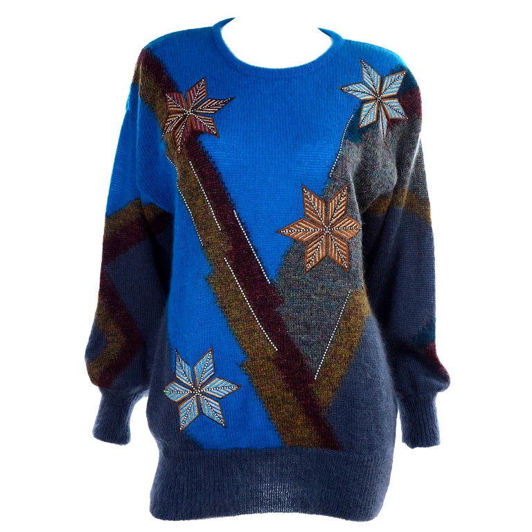 1980s Deadstock Escada Margaretha Ley Star Snowflake Mohair Wool Sweater w Tag For Sale