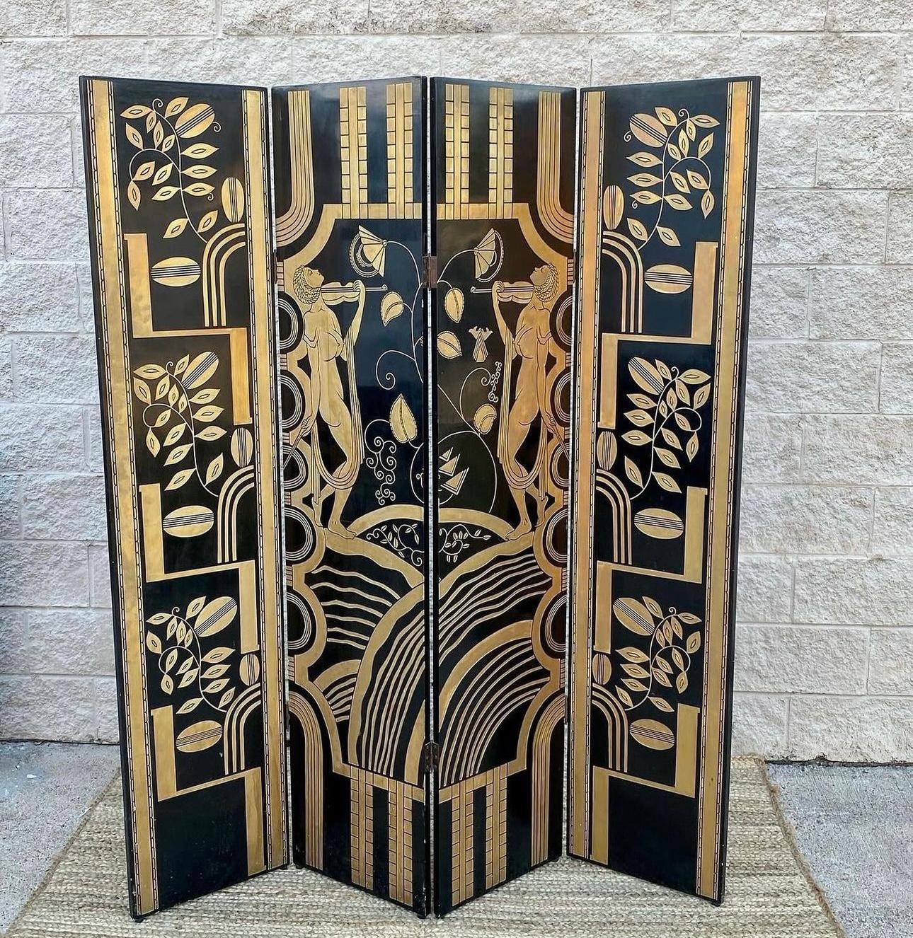 1980s Deco Wooden 4 Panel Black Gold Lacquer Carved Room Divider Privacy Screen 3