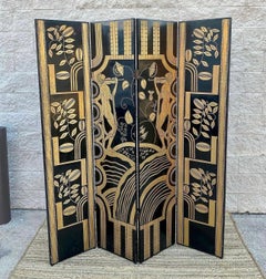 1980s Deco Wooden 4 Panel Black Gold Lacquer Carved Room Divider Privacy Screen