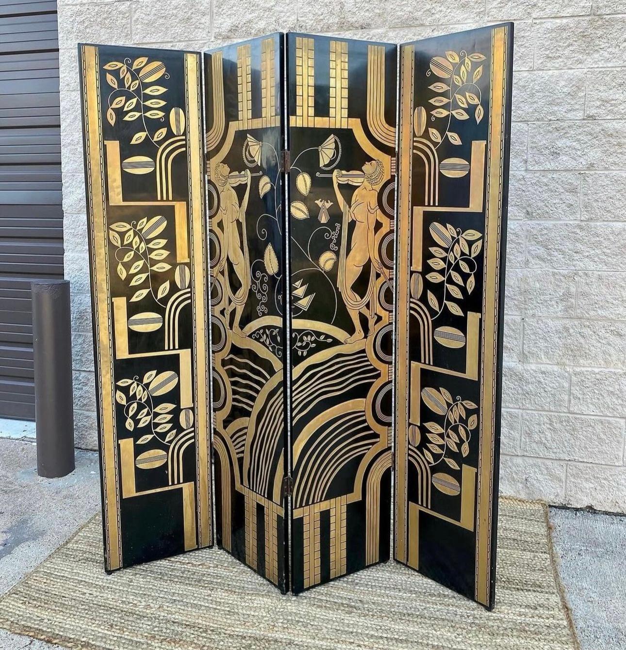 Art Deco 1980s Deco Wooden 4 Panel Black Gold Lacquer Carved Room Divider Privacy Screen