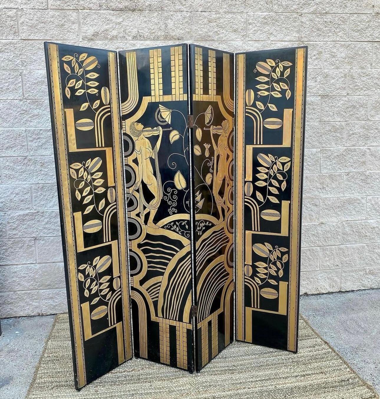 Unknown 1980s Deco Wooden 4 Panel Black Gold Lacquer Carved Room Divider Privacy Screen