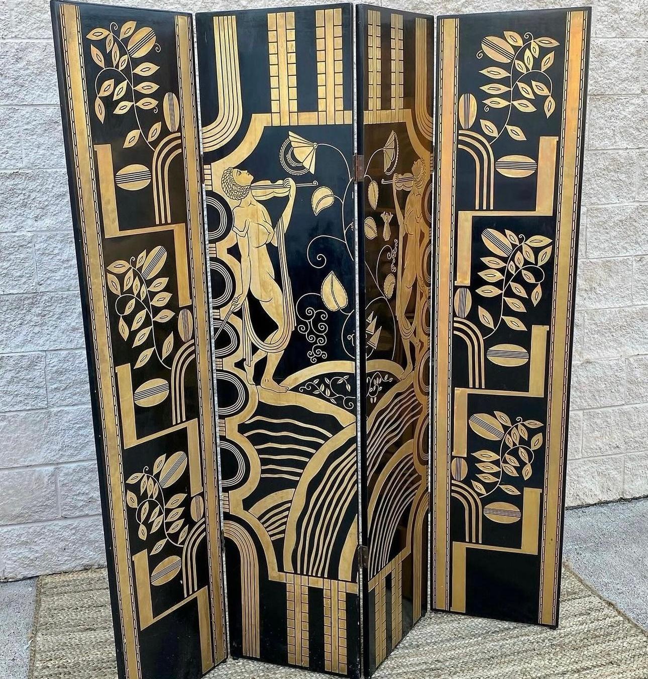 Hand-Carved 1980s Deco Wooden 4 Panel Black Gold Lacquer Carved Room Divider Privacy Screen
