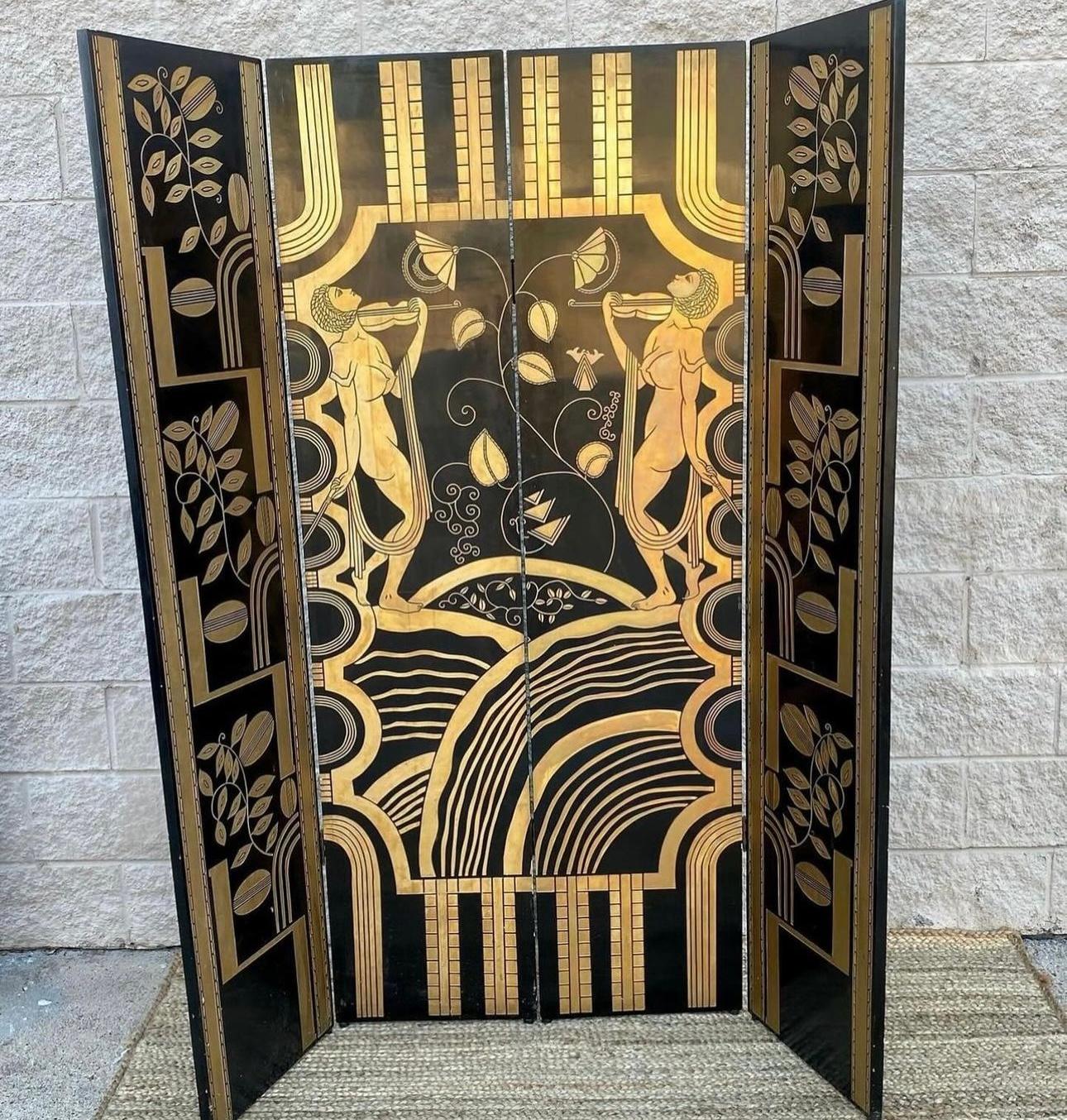 1980s Deco Wooden 4 Panel Black Gold Lacquer Carved Room Divider Privacy Screen In Good Condition In Stafford, TX
