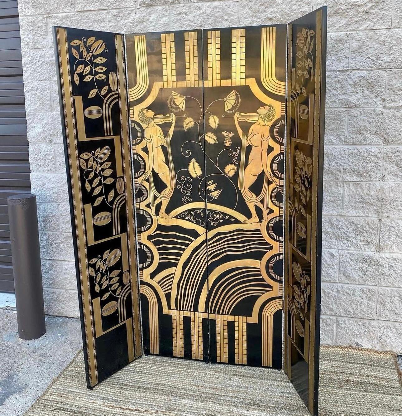 Late 20th Century 1980s Deco Wooden 4 Panel Black Gold Lacquer Carved Room Divider Privacy Screen