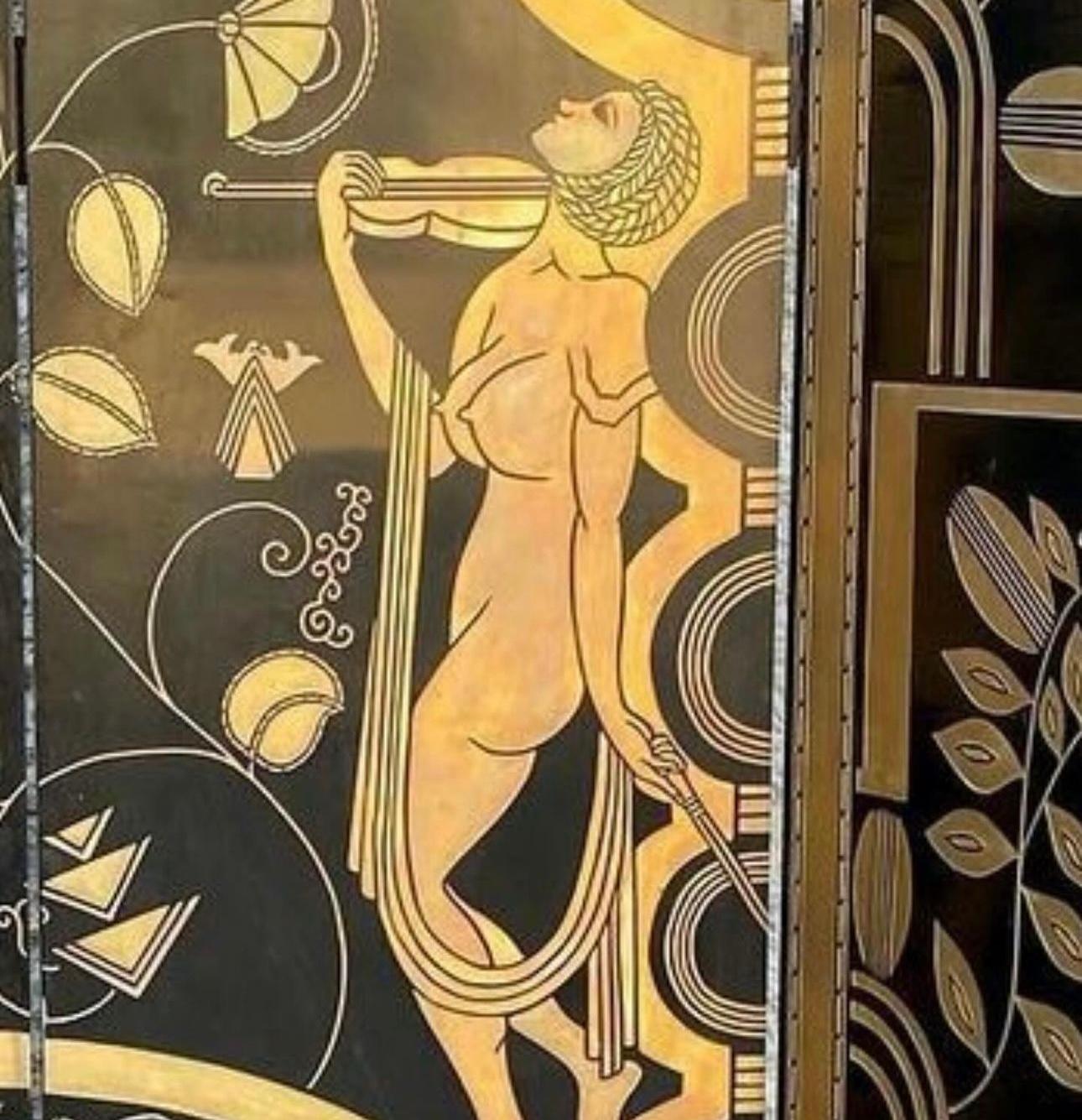 1980s Deco Wooden 4 Panel Black Gold Lacquer Carved Room Divider Privacy Screen 1
