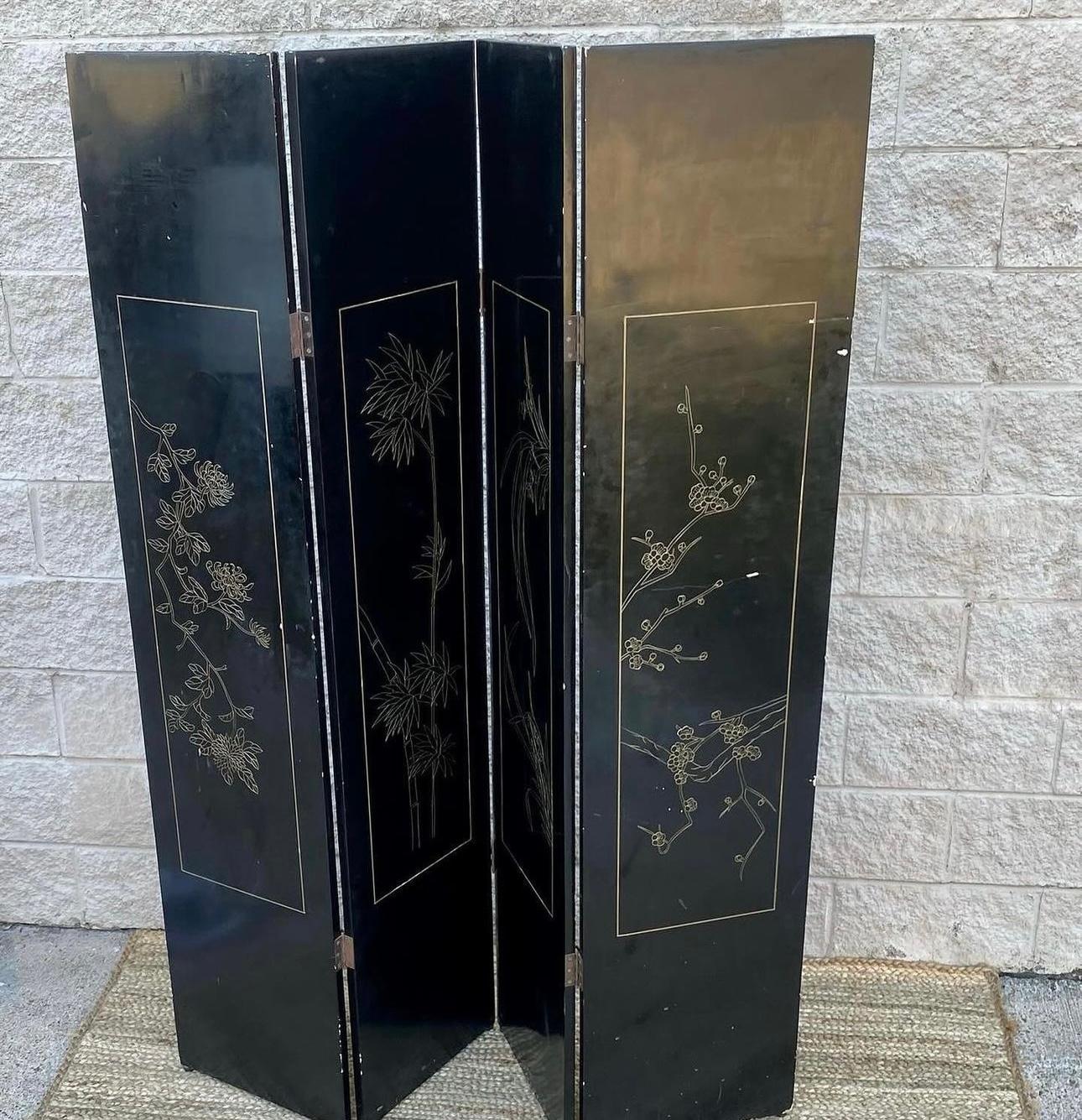 1980s Deco Wooden 4 Panel Black Gold Lacquer Carved Room Divider Privacy Screen 2