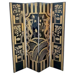 1980s Deco Wooden 4 Panel Black Gold Lacquer Carved Room Divider Privacy Screen