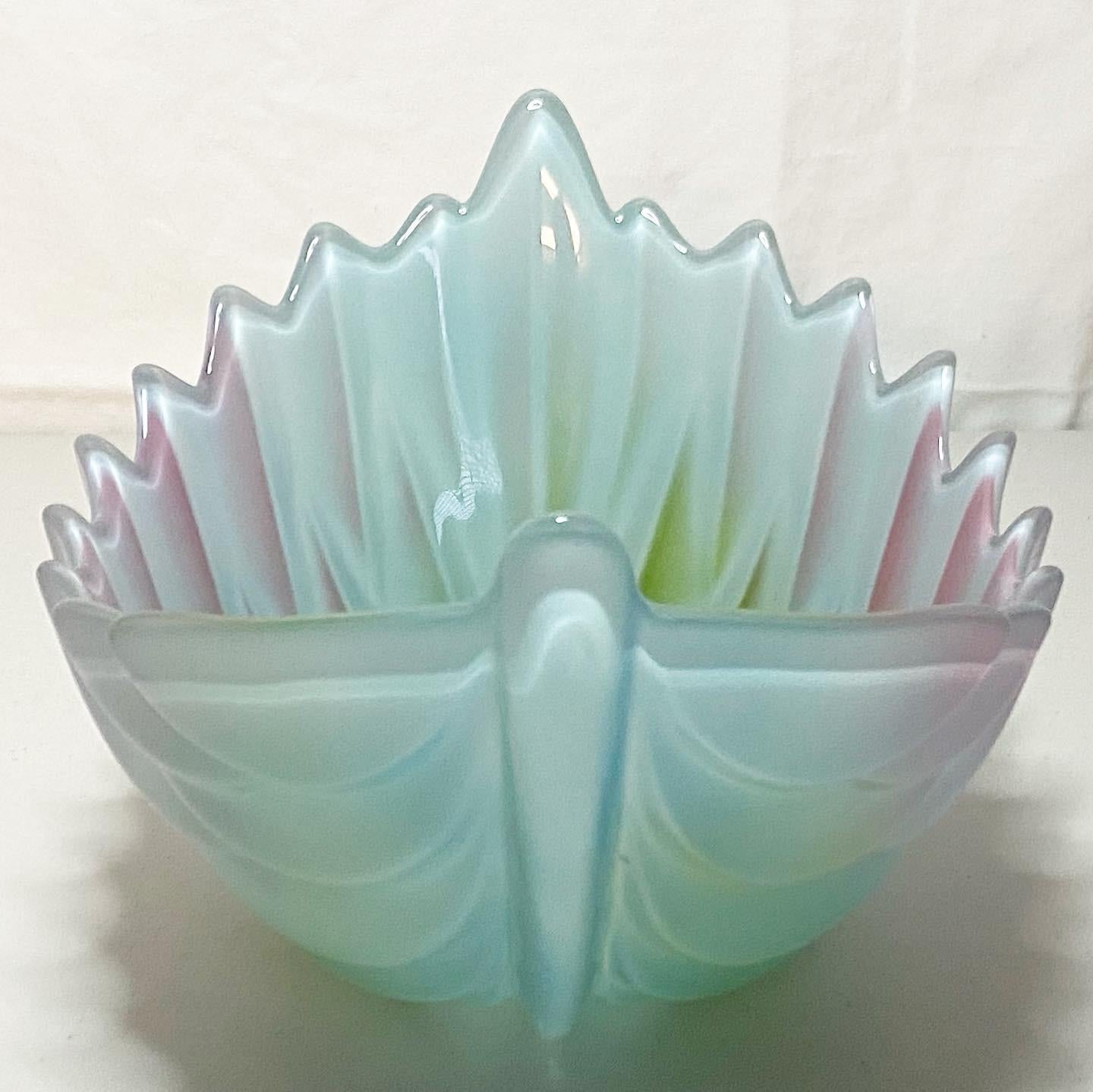 Gorgeous pink, blue, and green large leaf shaped glass serving bowl.
