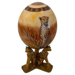 1980's Decorative Ostrich Egg Sculpture with African Cheetah Signed