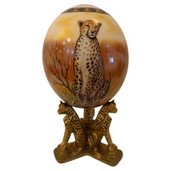 1980's Decorative Ostrich Egg Sculpture with African Cheetah Signed