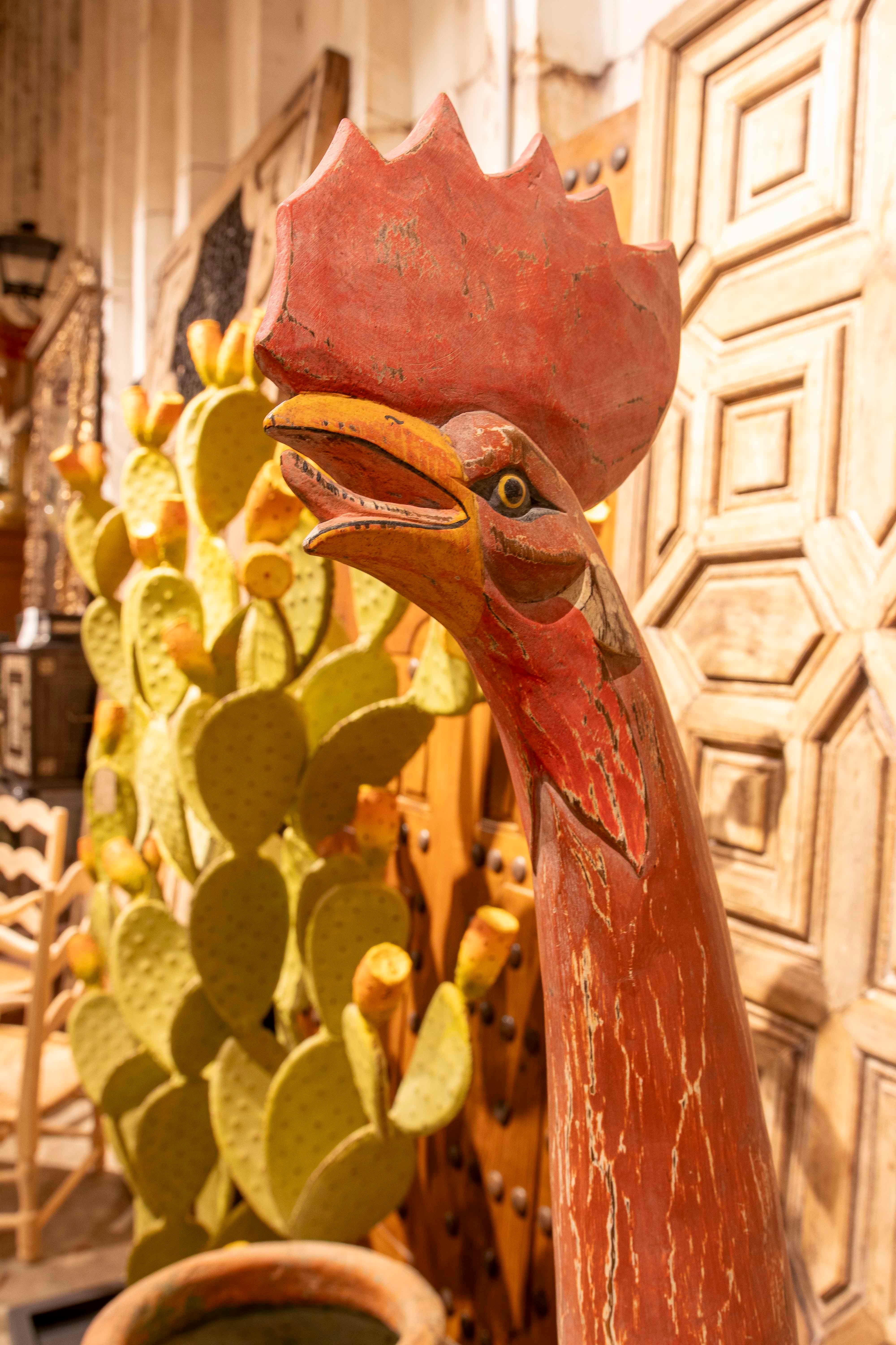 Hand-Carved 1980s Decorative Polychrome Wooden Rooster For Sale