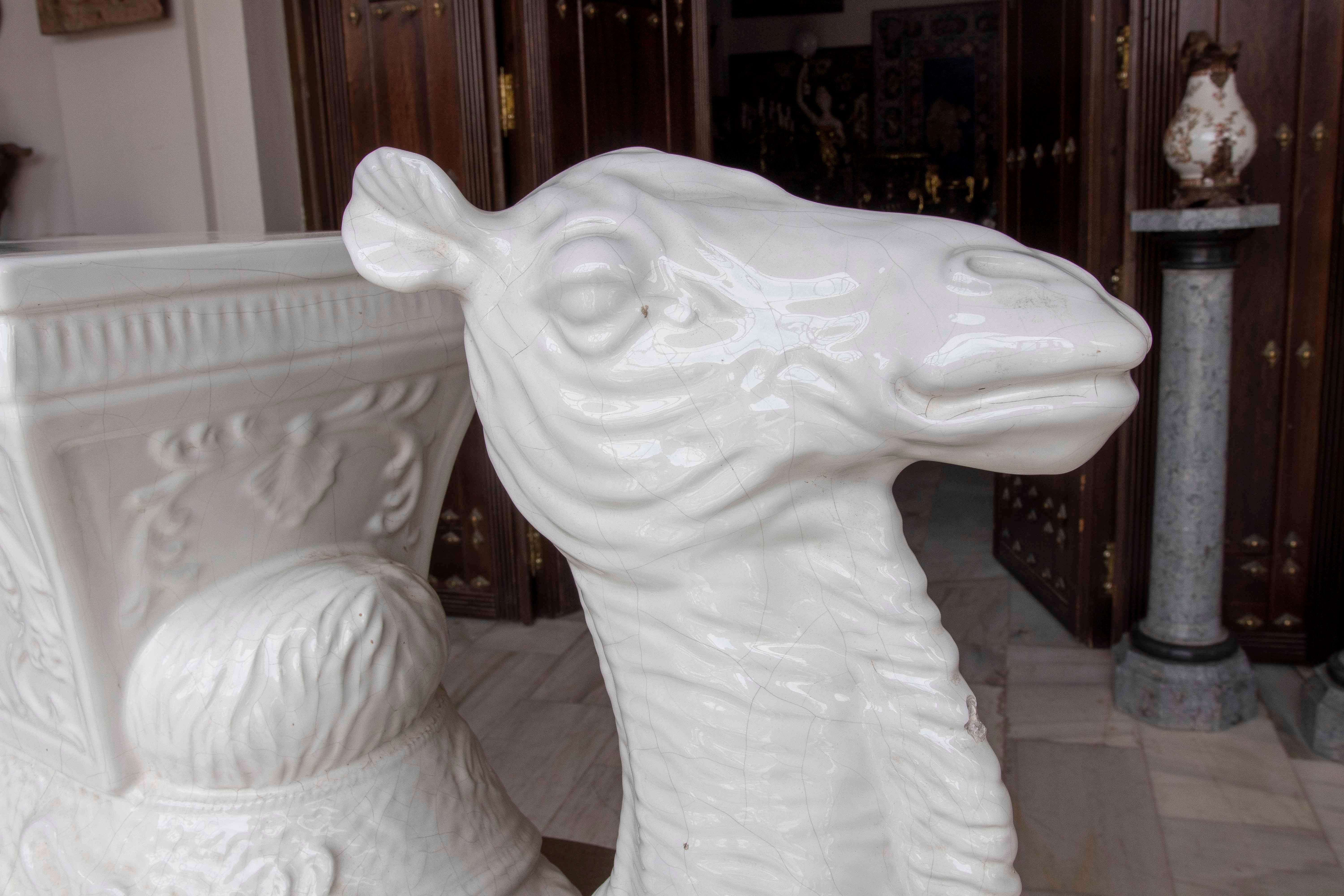 20th Century 1980s Decorative Sculpture of a Lying Camel in White Glazed Ceramic For Sale