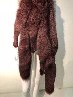 1980s Deep Plush Double Fox Stole Overdyed in Mauve W/ Head Tails & Paws