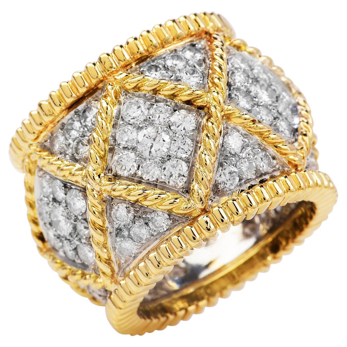 This exquisite Diamond 18K Gold Elegant Wide Cocktail Ring is the perfect complement to any ensemble 
Expertly crafted in heavy solid 18K white and yellow gold, composed by (93) Genuine Diamonds,  Round Cut, pave set, with an approximate weight of