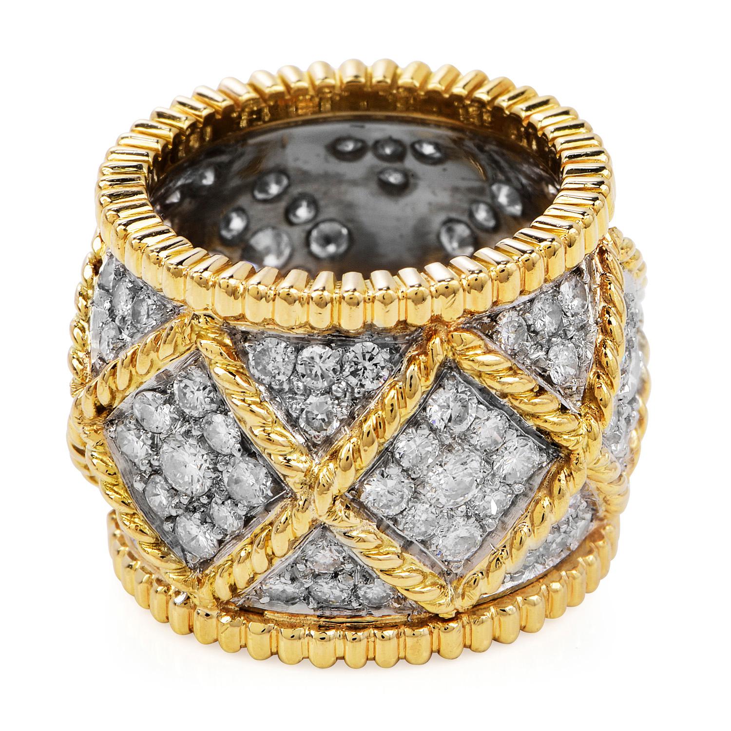 Contemporary 1980's Designer Diamond 18K Gold Elegant Wide Eternity Band Ring For Sale