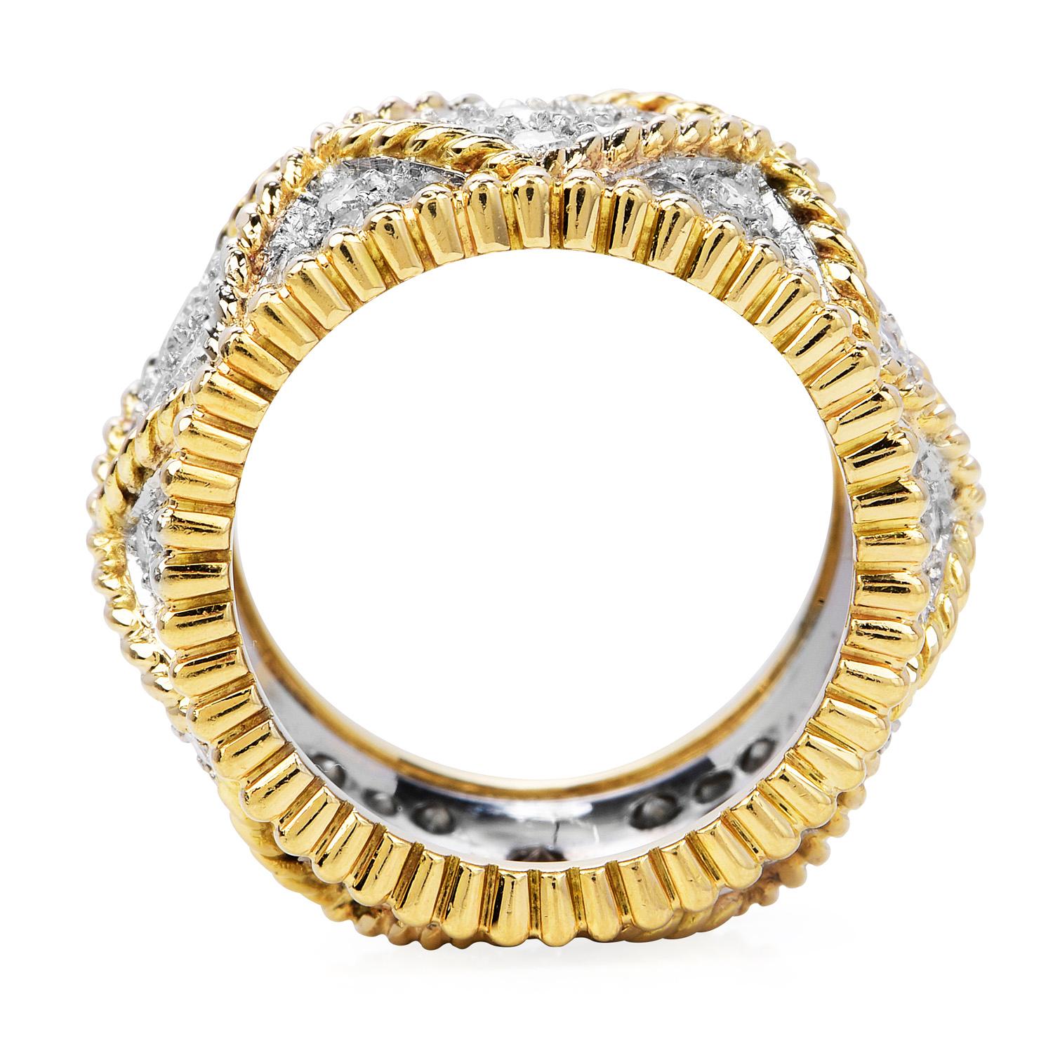 Round Cut 1980's Designer Diamond 18K Gold Elegant Wide Eternity Band Ring For Sale