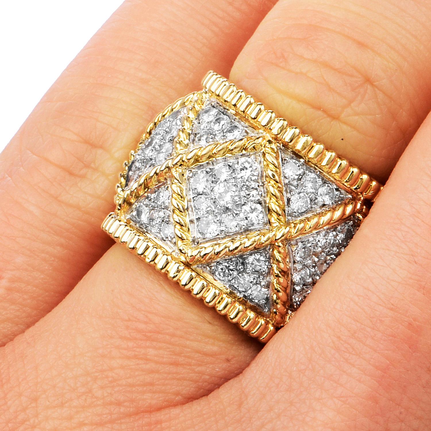 Women's or Men's 1980's Designer Diamond 18K Gold Elegant Wide Eternity Band Ring For Sale
