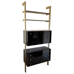 1980s Designer Wall Shelf, Black, Brass