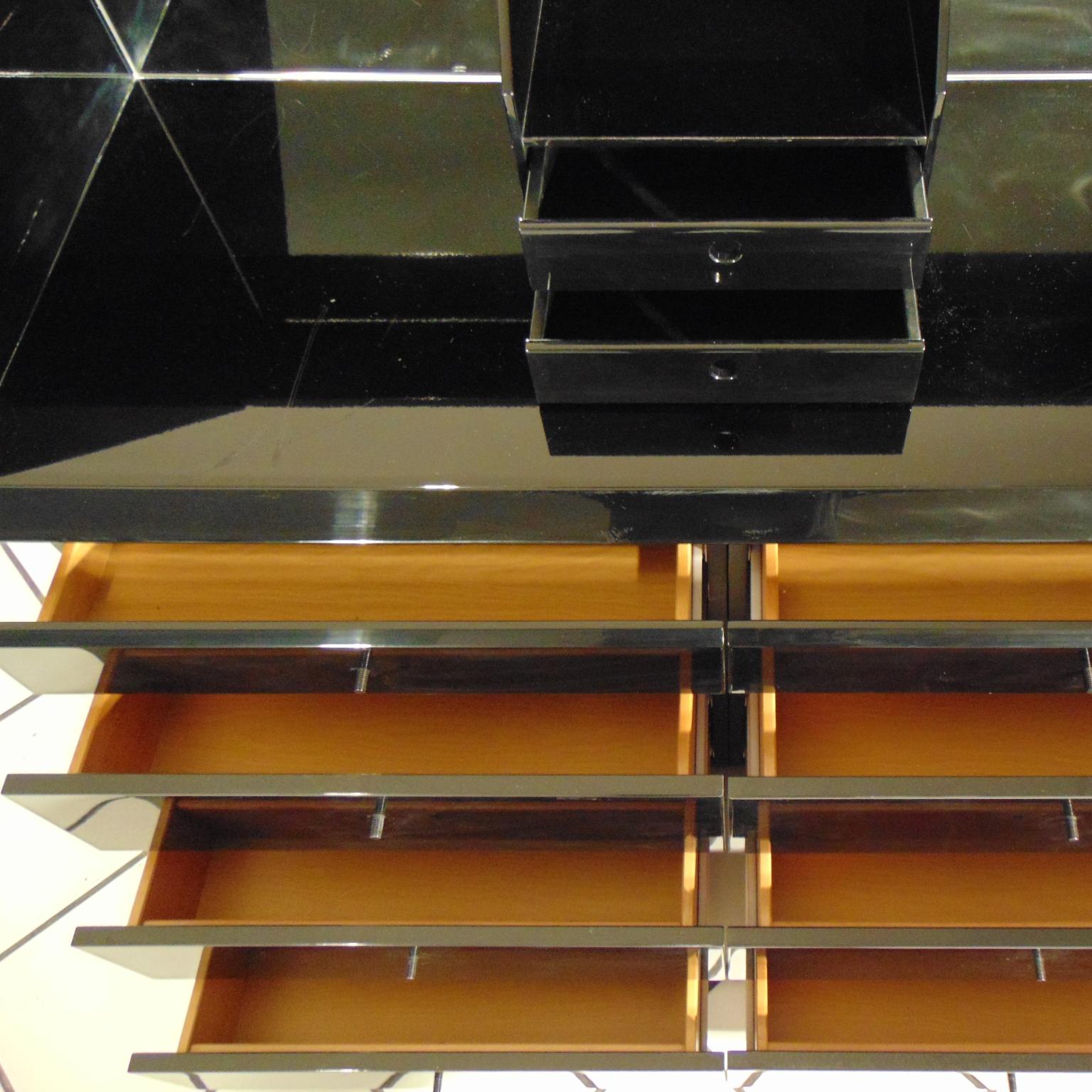 1980s Desk, Secretaire, Chest, Glossy Black Lacquer & Mirrors by Sormani, Italy 3