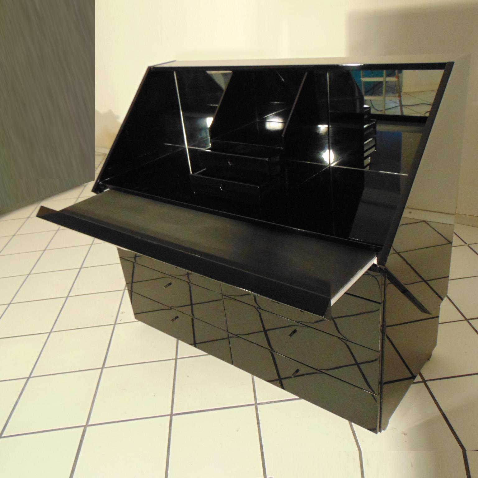 1980s Desk, Secretaire, Chest, Glossy Black Lacquer & Mirrors by Sormani, Italy 4