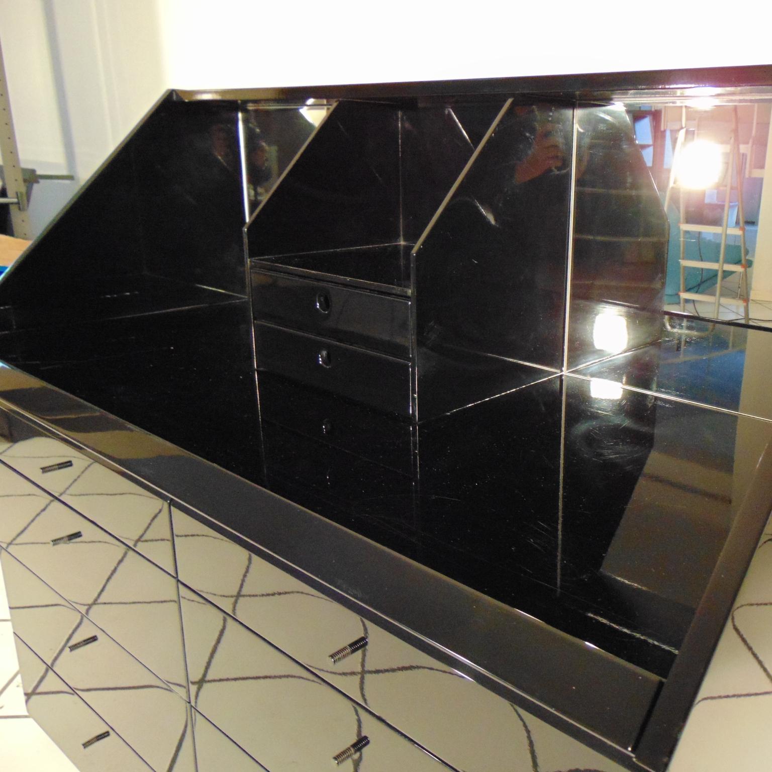 1980s Desk, Secretaire, Chest, Glossy Black Lacquer & Mirrors by Sormani, Italy 8