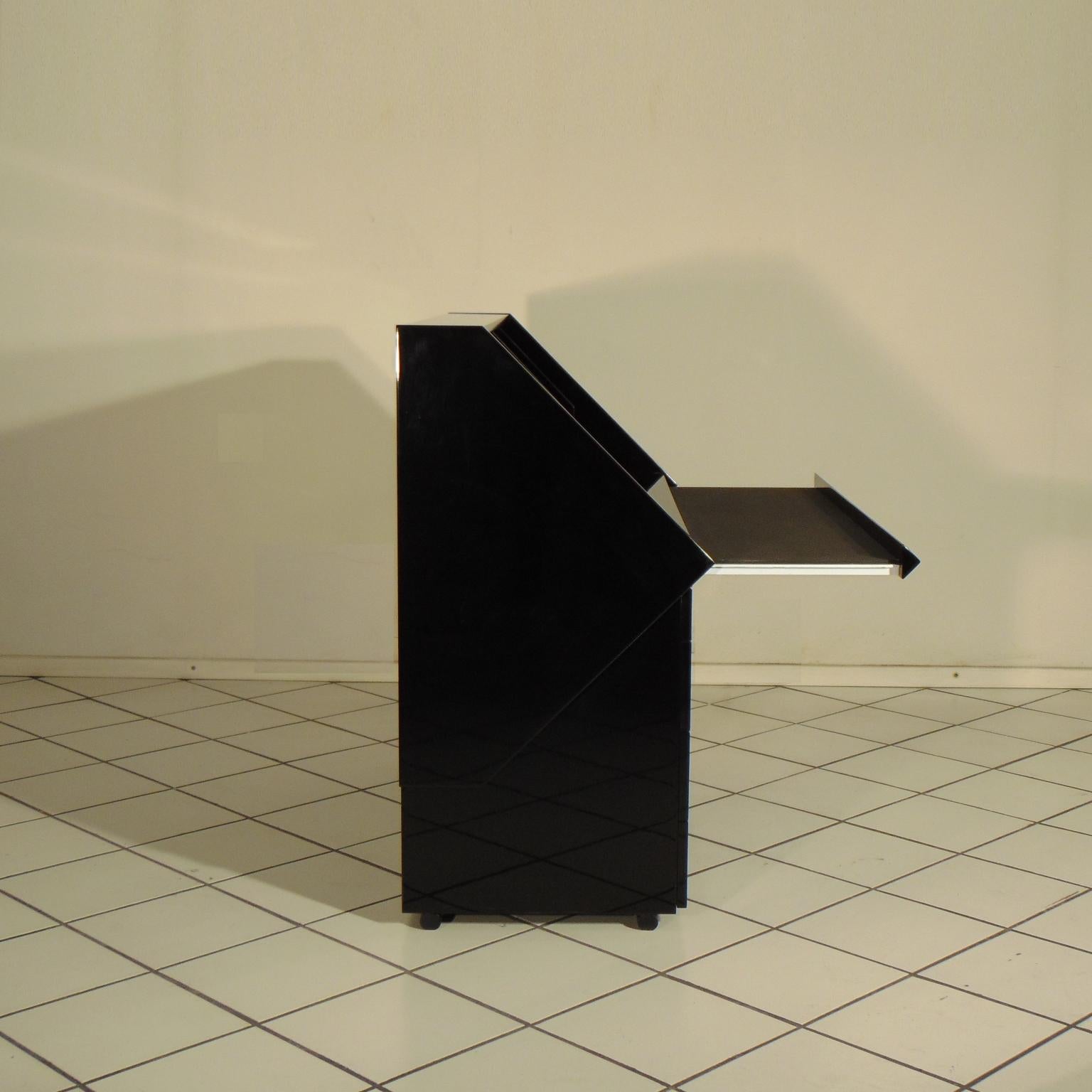 Lacquered 1980s Desk, Secretaire, Chest, Glossy Black Lacquer & Mirrors by Sormani, Italy