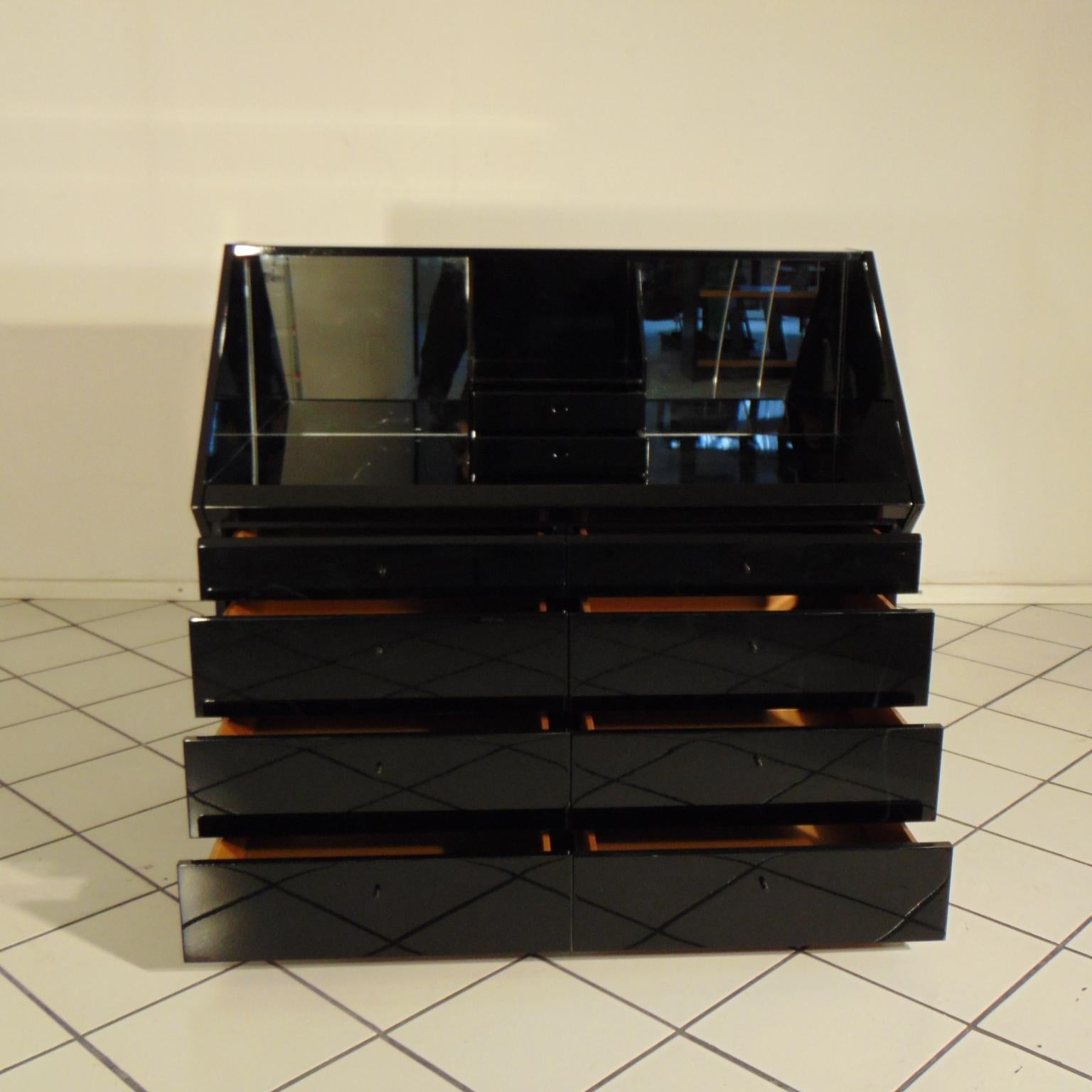 Late 20th Century 1980s Desk, Secretaire, Chest, Glossy Black Lacquer & Mirrors by Sormani, Italy