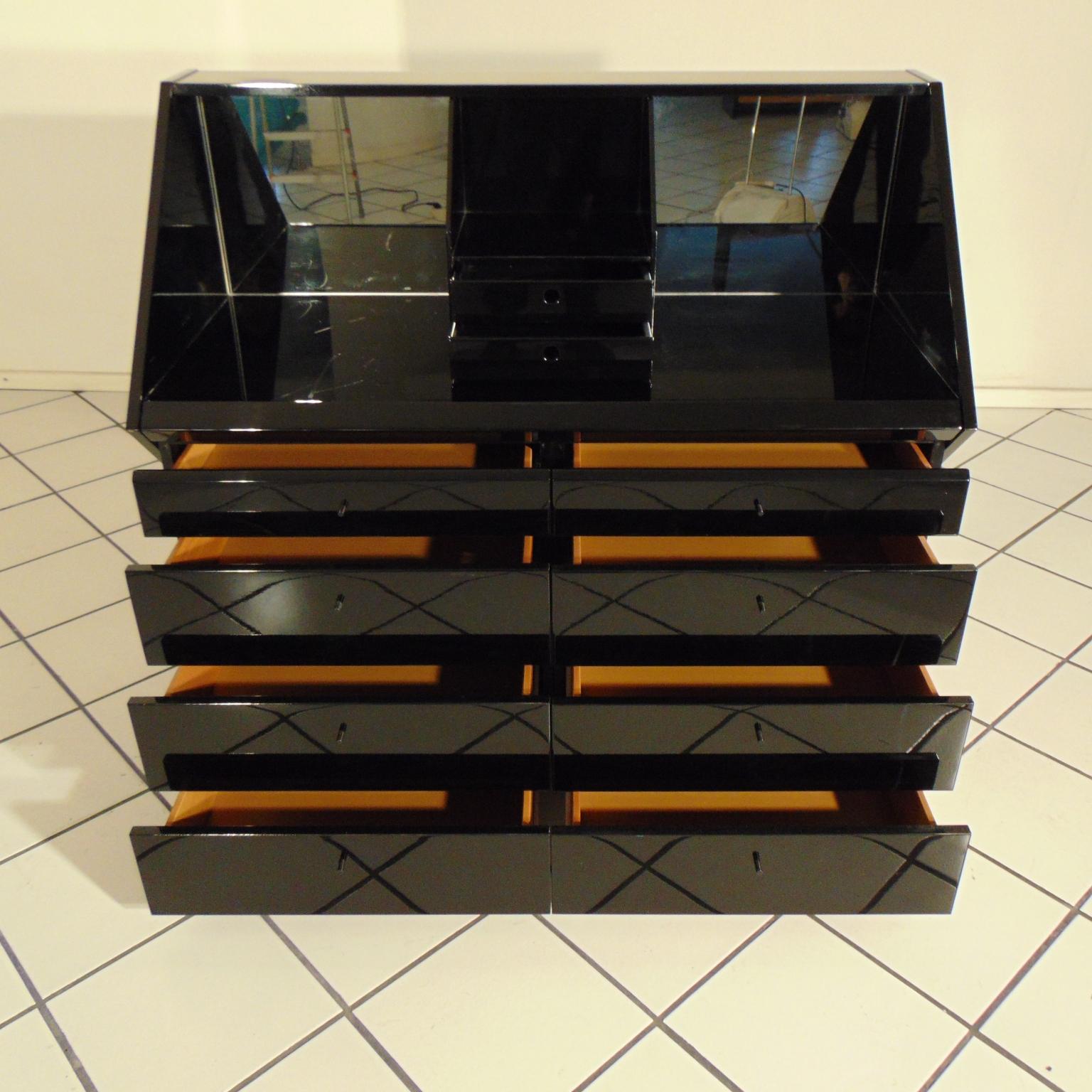 1980s Desk, Secretaire, Chest, Glossy Black Lacquer & Mirrors by Sormani, Italy 1