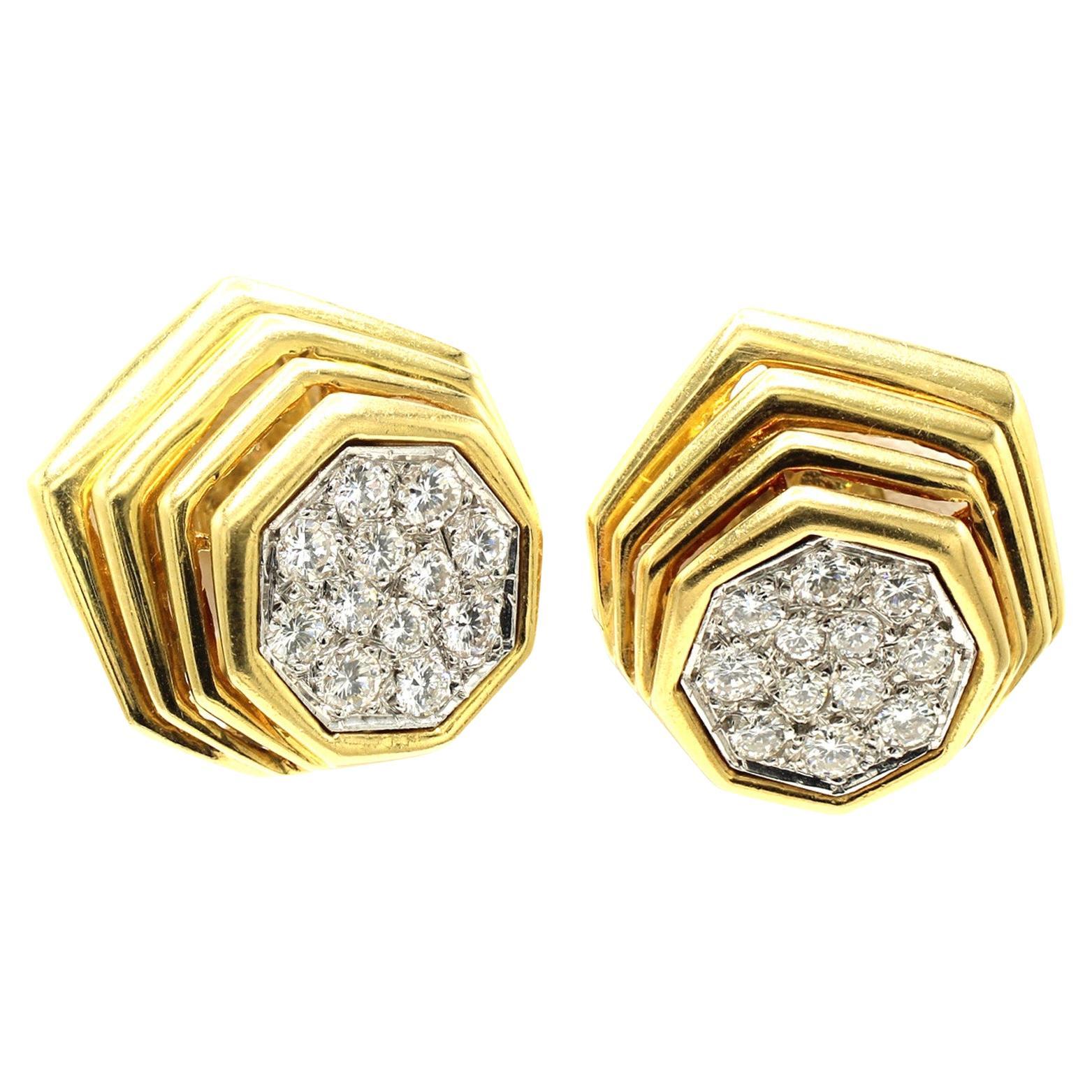 1980s Diamond 18 Karat Yellow Gold Ear Clips